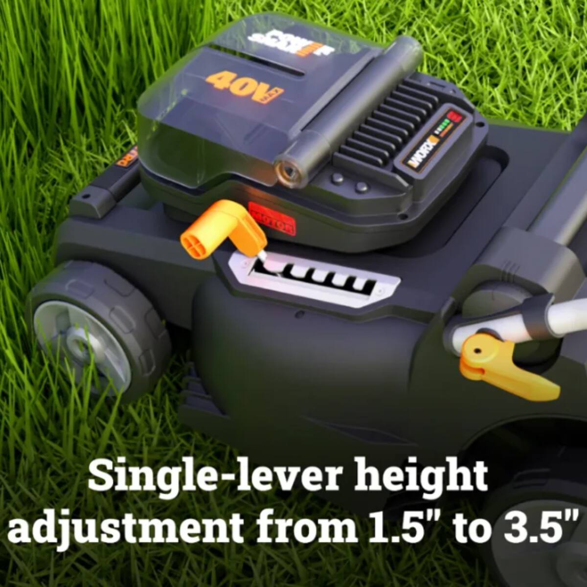 The text on the image reads: "Da COV 40V I WORX MOTOR Single-lever height adjustment from 1.5" to 3.5"". This text has been grouped and corrected to read: "Da COV 40V I WORX MOTOR Single-lever height adjustment from 1.5" to 3.5"".