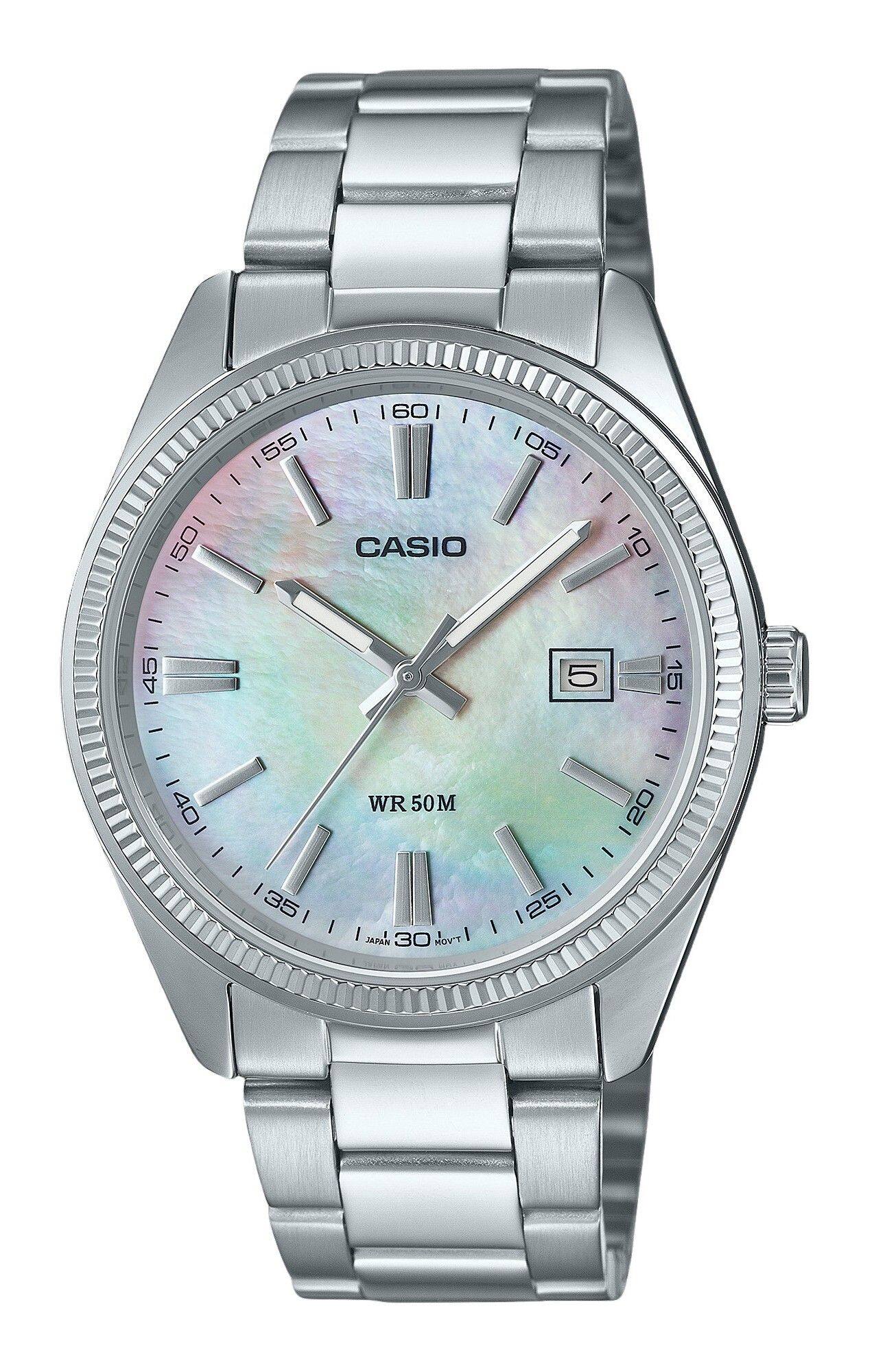 Casio - Standard Analog Ion Plated Stainless Steel Mother Of Pearl Quartz MTP-1302DS-7AV Men's Watch - Silver, Mother Of Pearl price history on PriceWatchPro