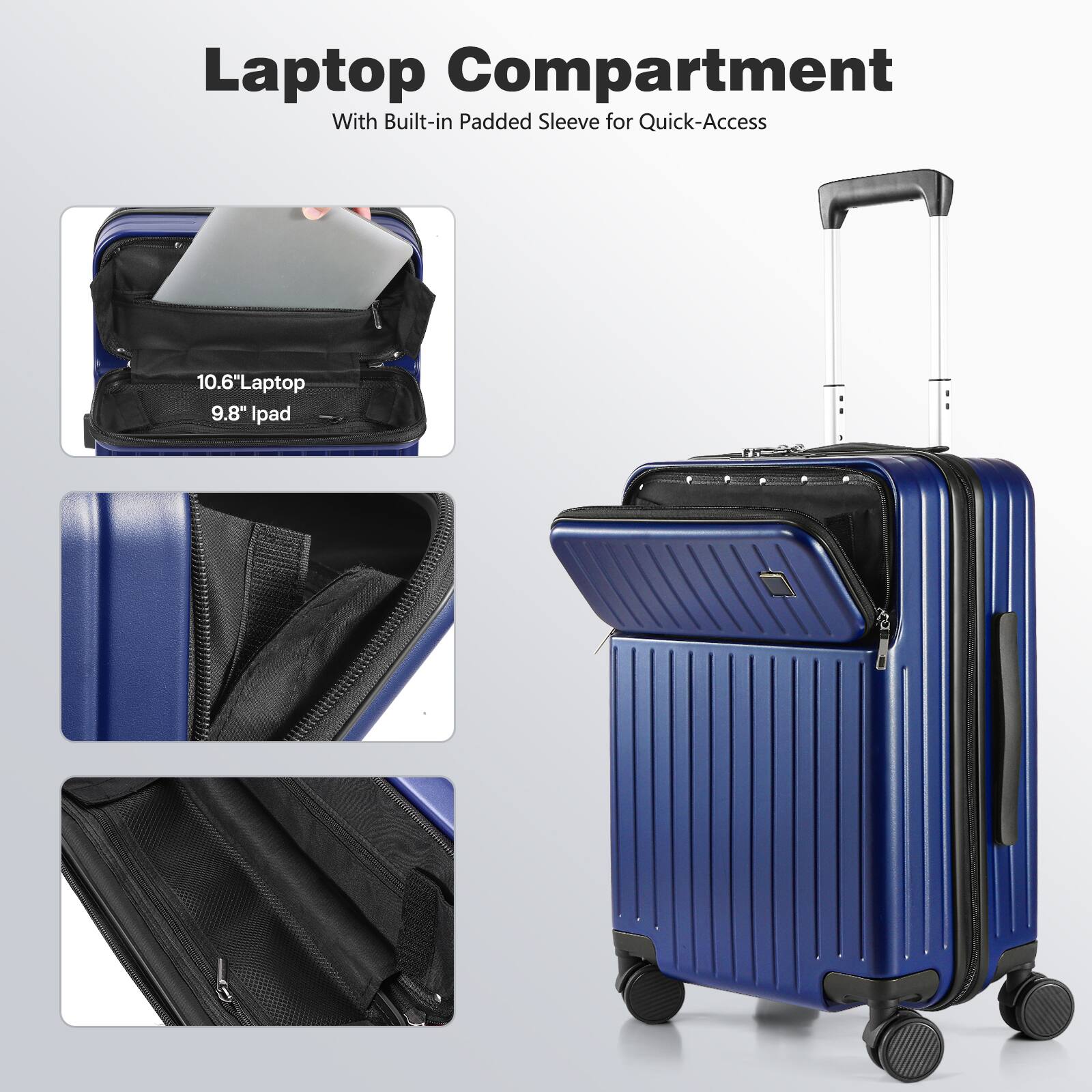 Laptop Compartment  
With Built-in Padded Sleeve for Quick-Access  

10.6" Laptop  
9.8" iPad