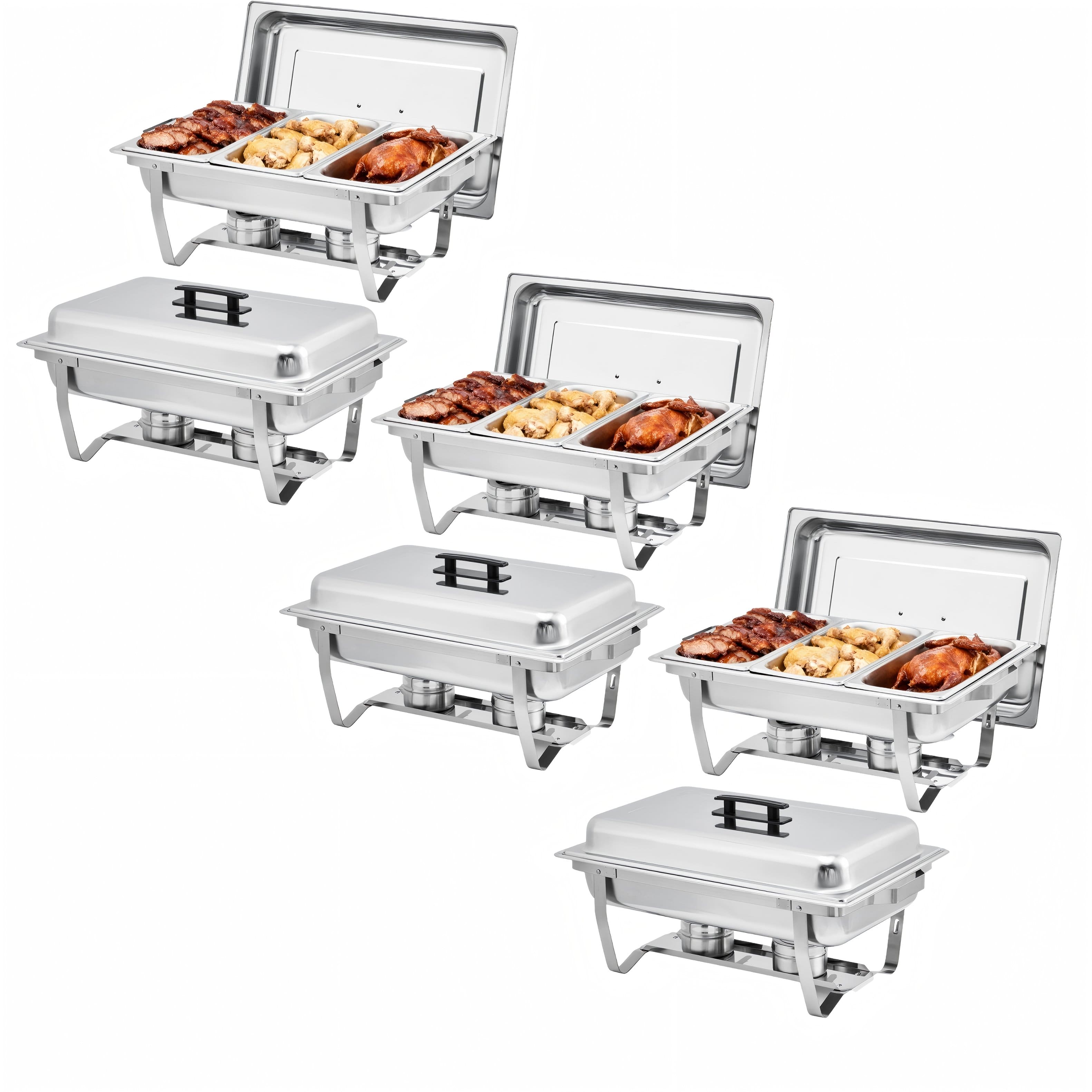 GARVEE - 6-Pack Stainless Steel Buffet Server Set, 3-Well Rectangular Chafing Dish Multi-Compartment Food Warmer - Silver