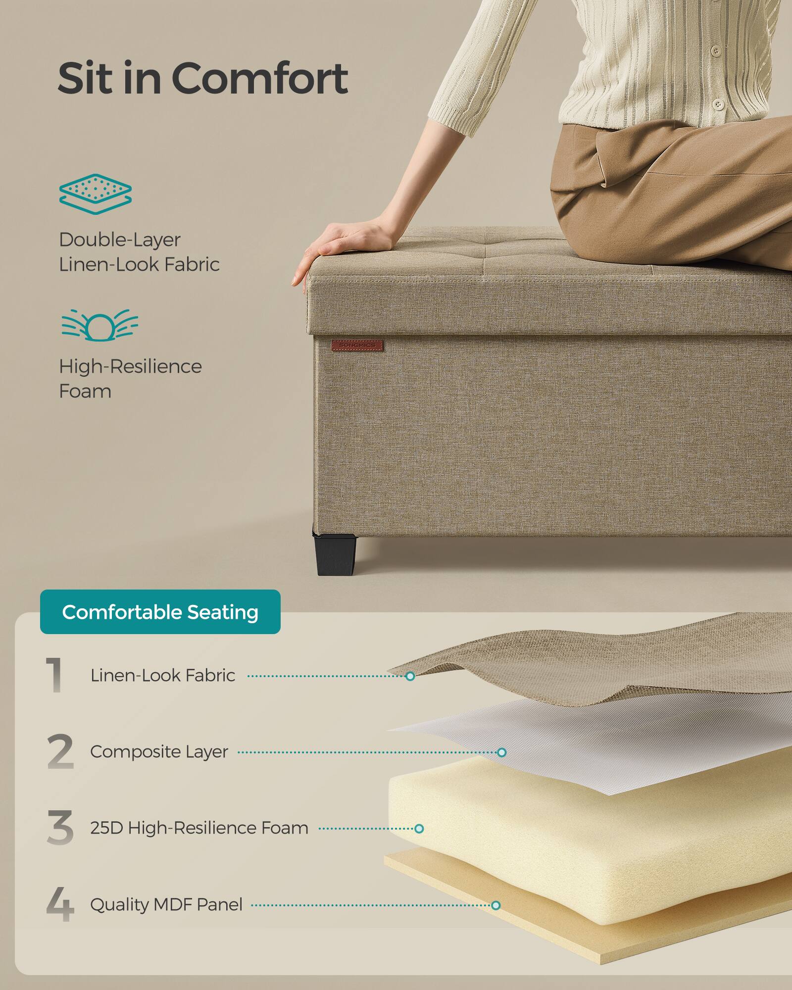 Sit in Comfort

Double-Layer Linen-Look Fabric
High-Resilience Foam

Comfortable Seating

1. Linen-Look Fabric
2. Composite Layer
3. 25D High-Resilience Foam
4. Quality MDF Panel