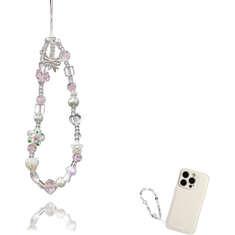 Schertz - Beaded Camera & Phone Wrist Strap – Cute Bow & Flower Charm Wristlet - White and Pink