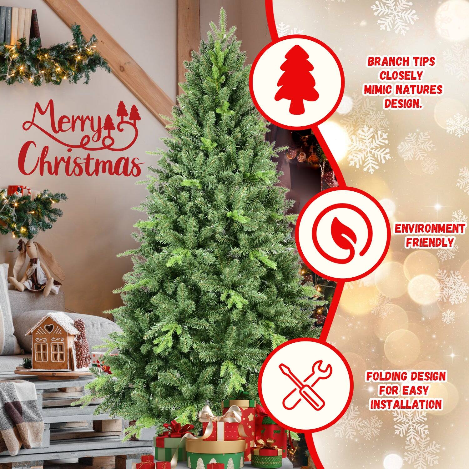 - Merry Christmas
- Branch tips closely mimic nature's design.
- Environment friendly
- Folding design for easy installation