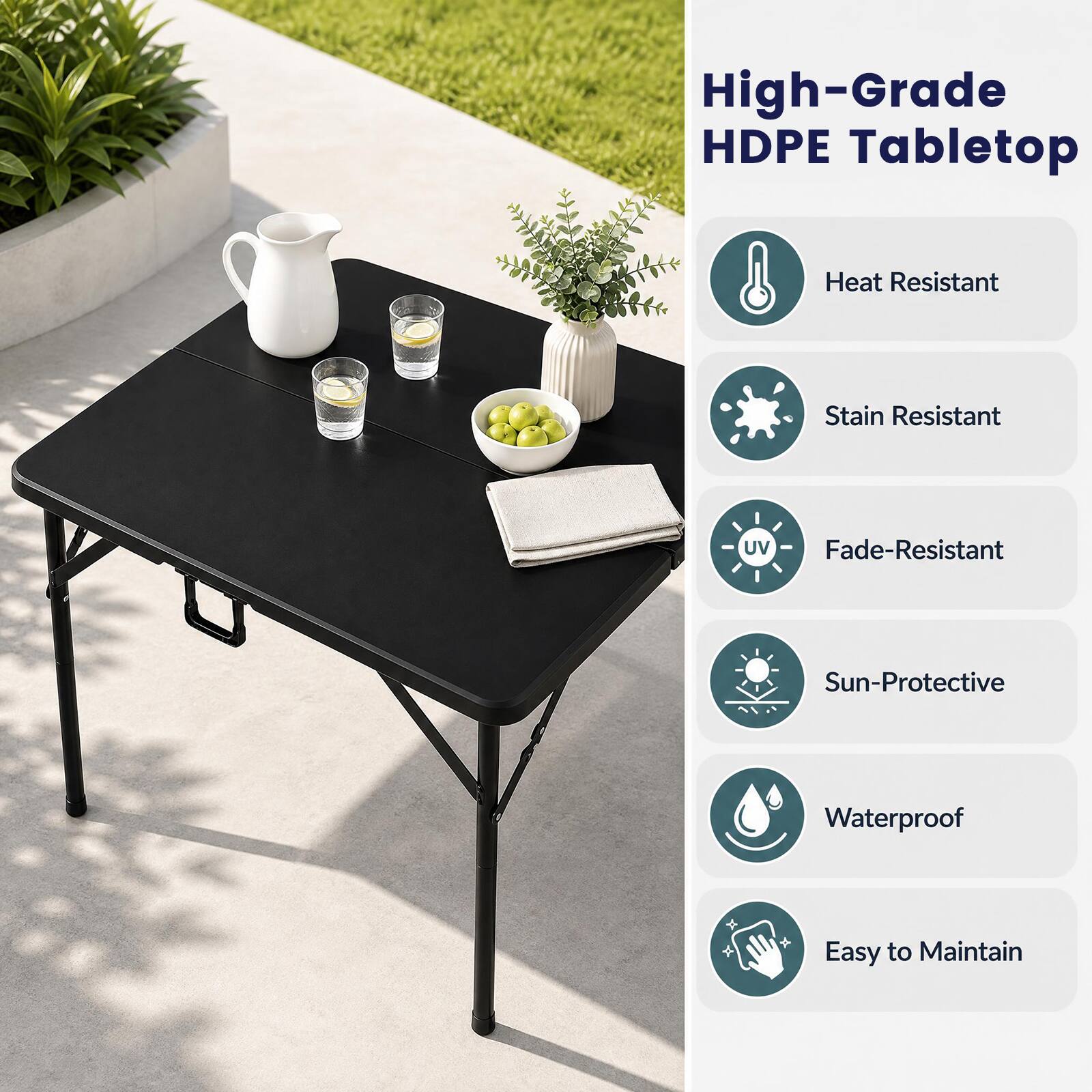 High-Grade HDPE Tabletop

- Heat Resistant
- Stain Resistant
- UV Fade-Resistant
- Sun-Protective
- Waterproof
- Easy to Maintain