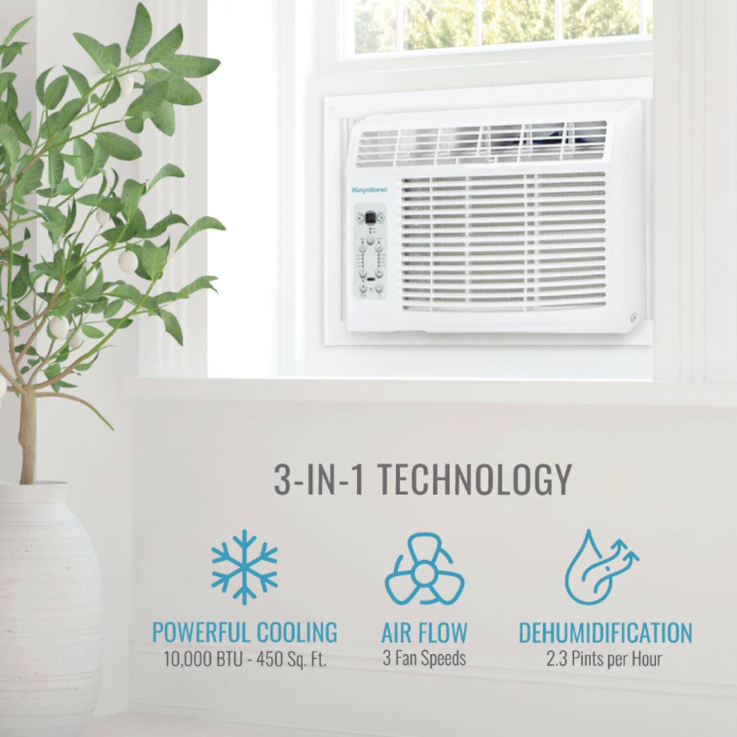 The text on the image reads: "Kiystone 3-IN-1 TECHNOLOGY POWERFUL COOLING 10,000 BTU -450 Sq. Ft. AIR FLOW DEHUMIDIFICATION 3 Fan Speeds 2.3 Pints per Hour."