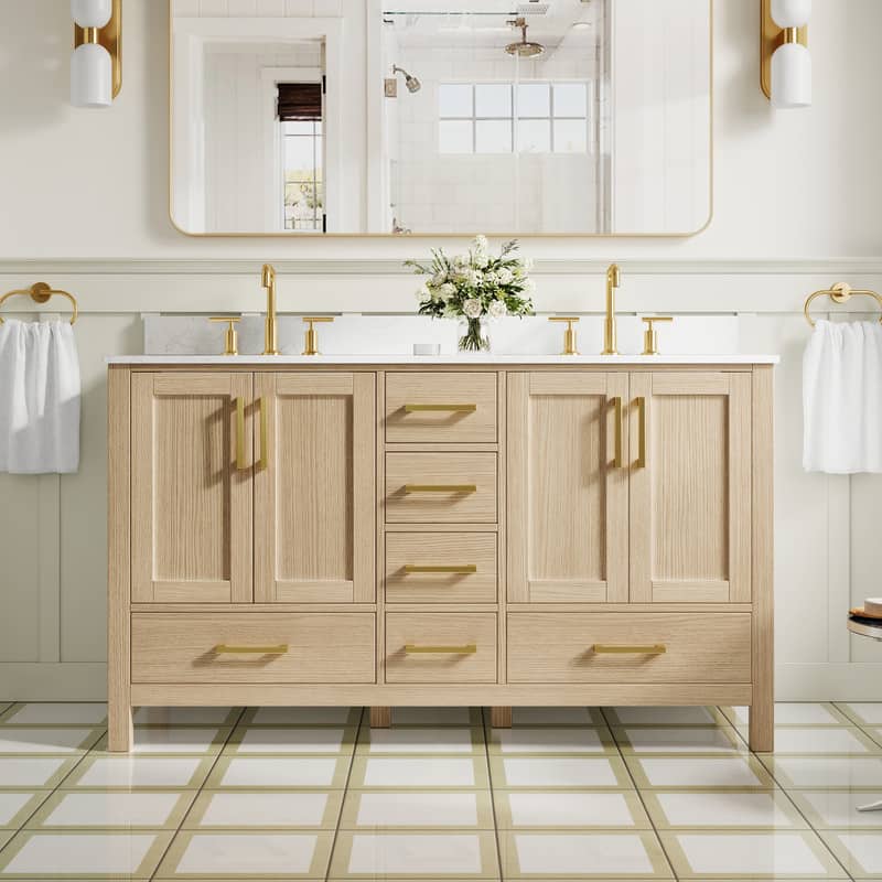 WELLFOR - 60 in Bathroom Vanity with Double Sink, Freestanding Solid Wood Bathroom Cabinet with Soft-Close 4 Doors& 6 Drawers - Oak