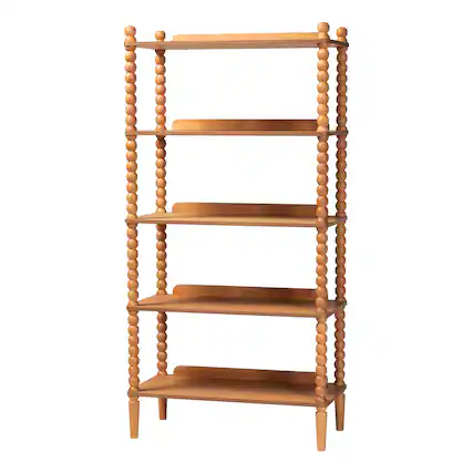 Front. Baxton Studio - Lucera Bobbin Display Shelf - 5-Tier Open Frame Vertical Bookcase with Spindle Posts for Living Room or Ofice, Oak Brown - Oak Brown.