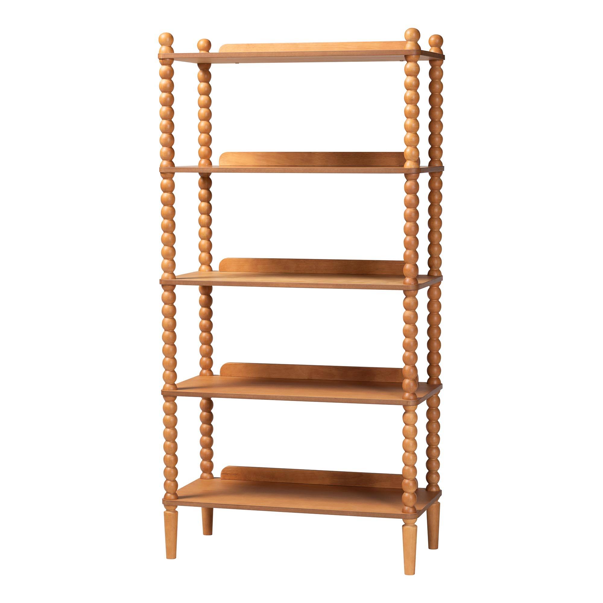 Front. Baxton Studio - Lucera Bobbin Display Shelf - 5-Tier Open Frame Vertical Bookcase with Spindle Posts for Living Room or Ofice, Oak Brown - Oak Brown.