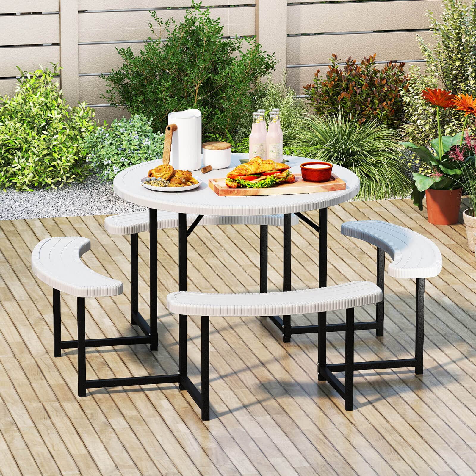 Costway - Round Picnic Table Bench Set with 4 Benches Umbrella Hole All Weather Tabletop - White