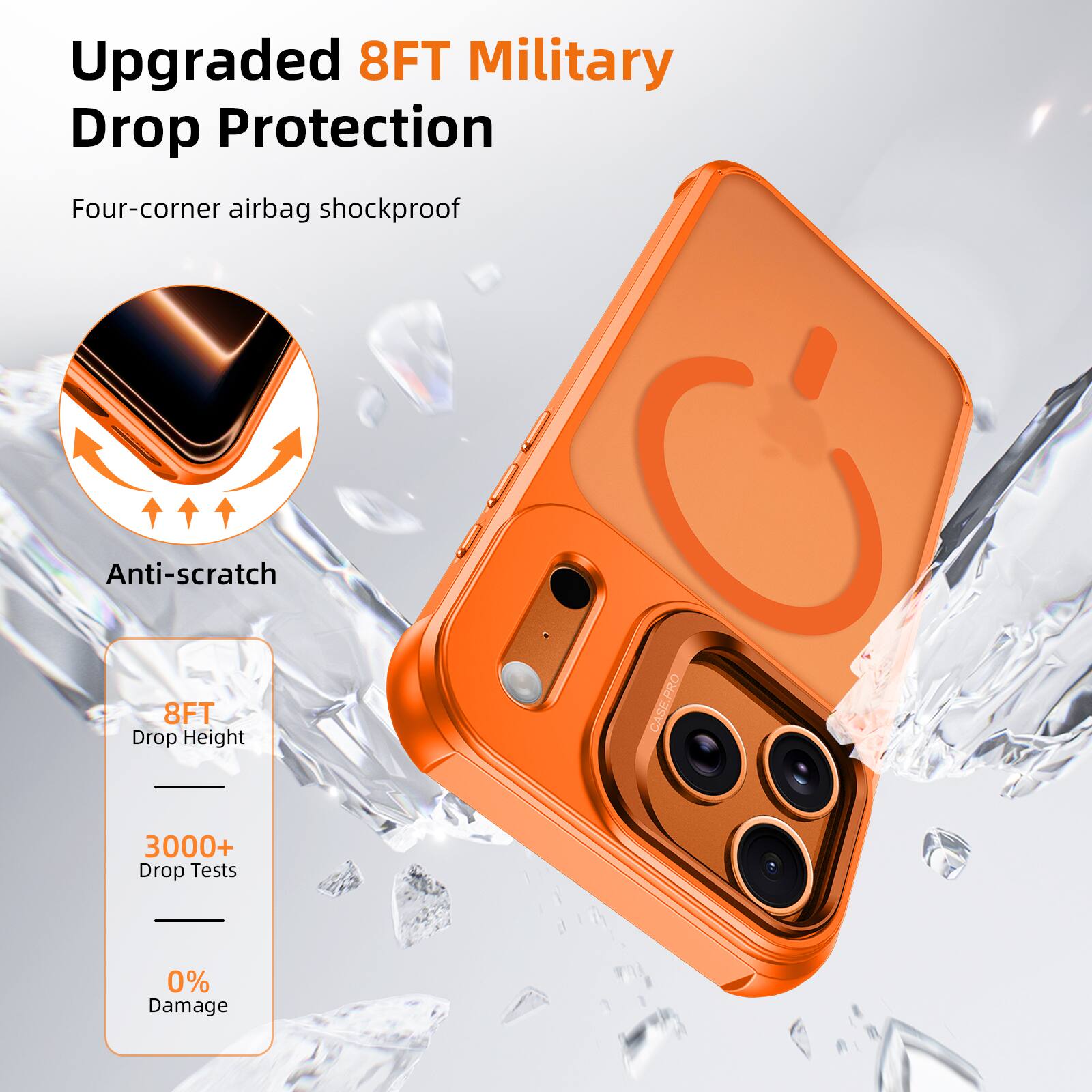 Upgraded 8FT Military Drop Protection  
Four-corner airbag shockproof  
Anti-scratch  
8FT Drop Height  
3000+ Drop Tests  
0% Damage