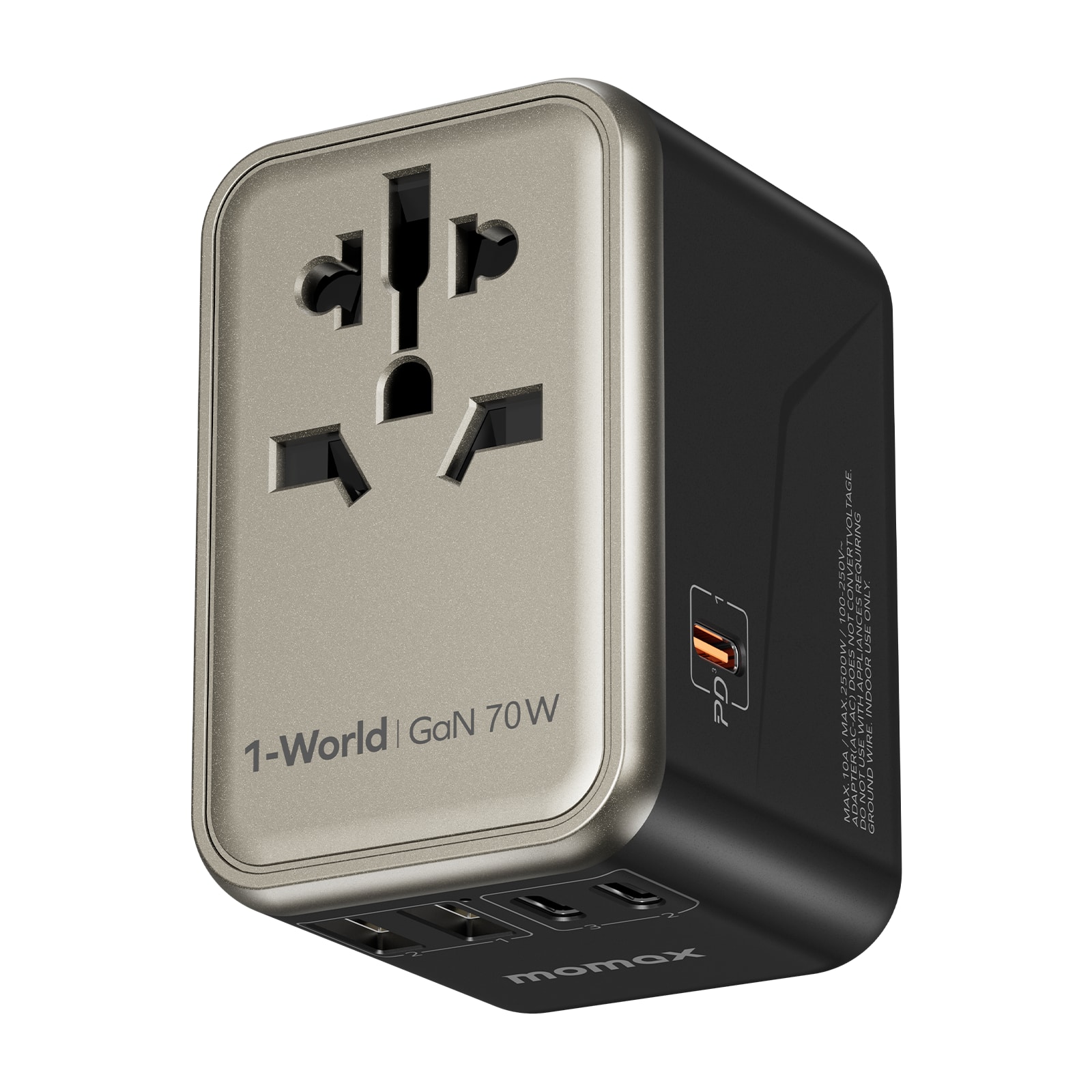 Momax - Universal Travel Adapter 70W GaN, 3 USB-C& 2 USB-A International Power Adapter 6-in-1 for UK/US/AUS/JP - Titanium Gold