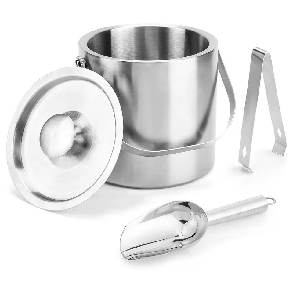 Alt View 1. Home Collection - Portable Stainless Steel Double Wall Insulated Ice Bucket with Lid, Scoop, Tong, Strainer, Handle, 3L - Silver.