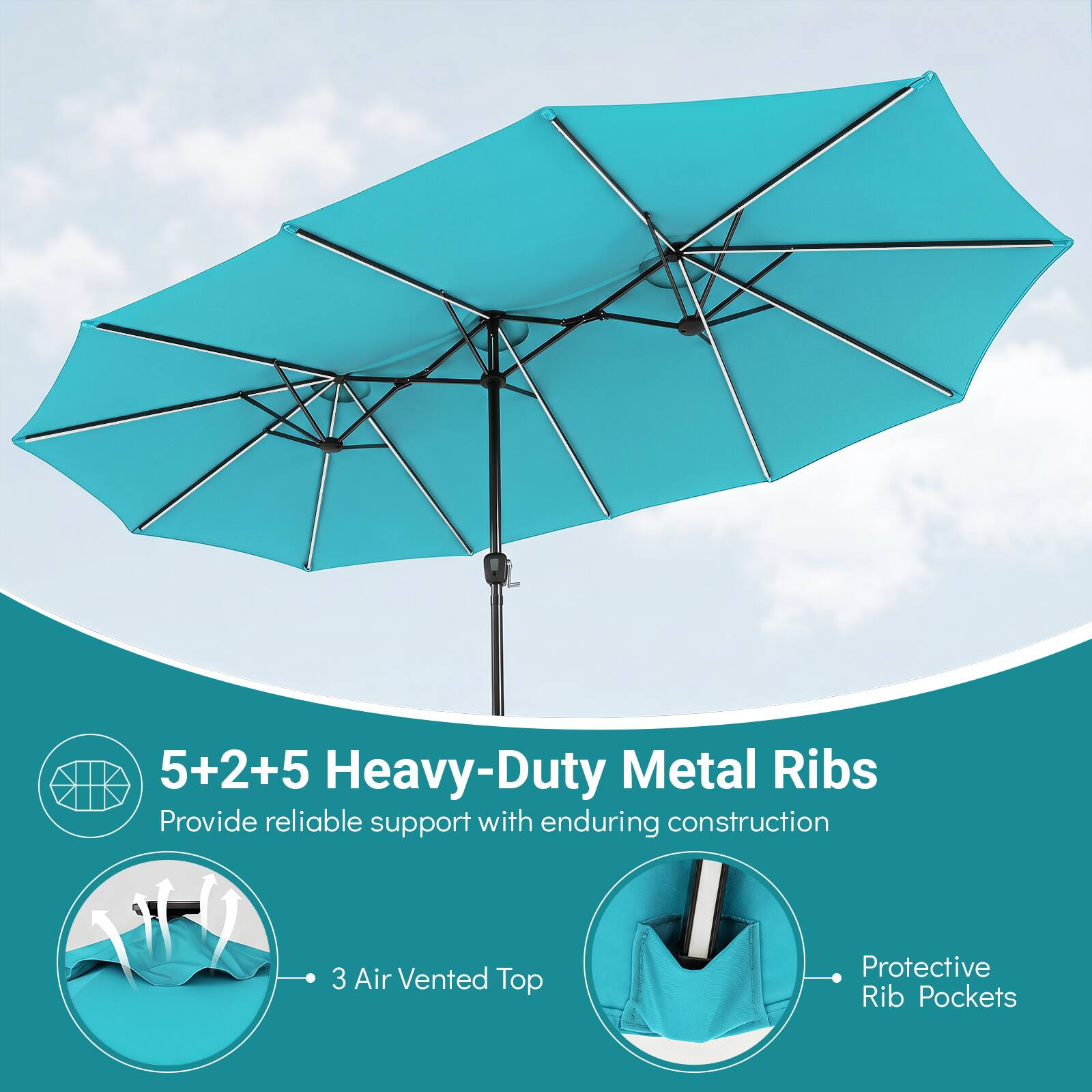 5+2+5 Heavy-Duty Metal Ribs  
Provide reliable support with enduring construction  
3 Air Vented Top  
Protective Rib Pockets