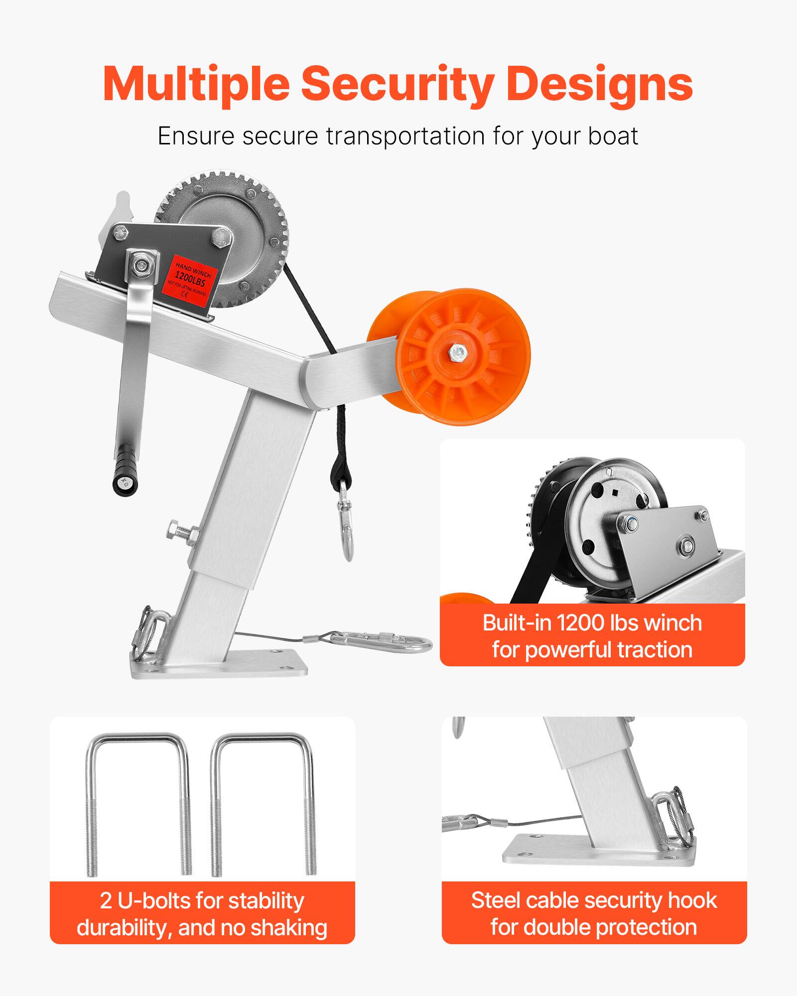Multiple Security Designs  
Ensure secure transportation for your boat  

- Built-in 1200 lbs winch for powerful traction  
- 2 U-bolts for stability, durability, and no shaking  
- Steel cable security hook for double protection