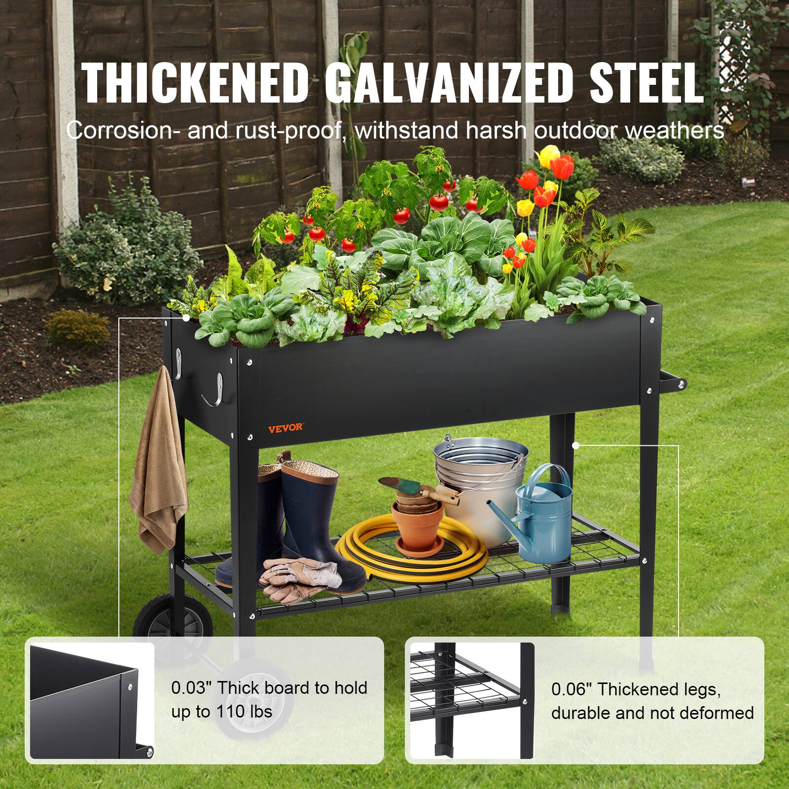 THICKENED GALVANIZED STEEL  
Corrosion- and rust-proof, withstand harsh outdoor weathers  

0.03" Thick board to hold up to 110 lbs  
0.06" Thickened legs, durable and not deformed