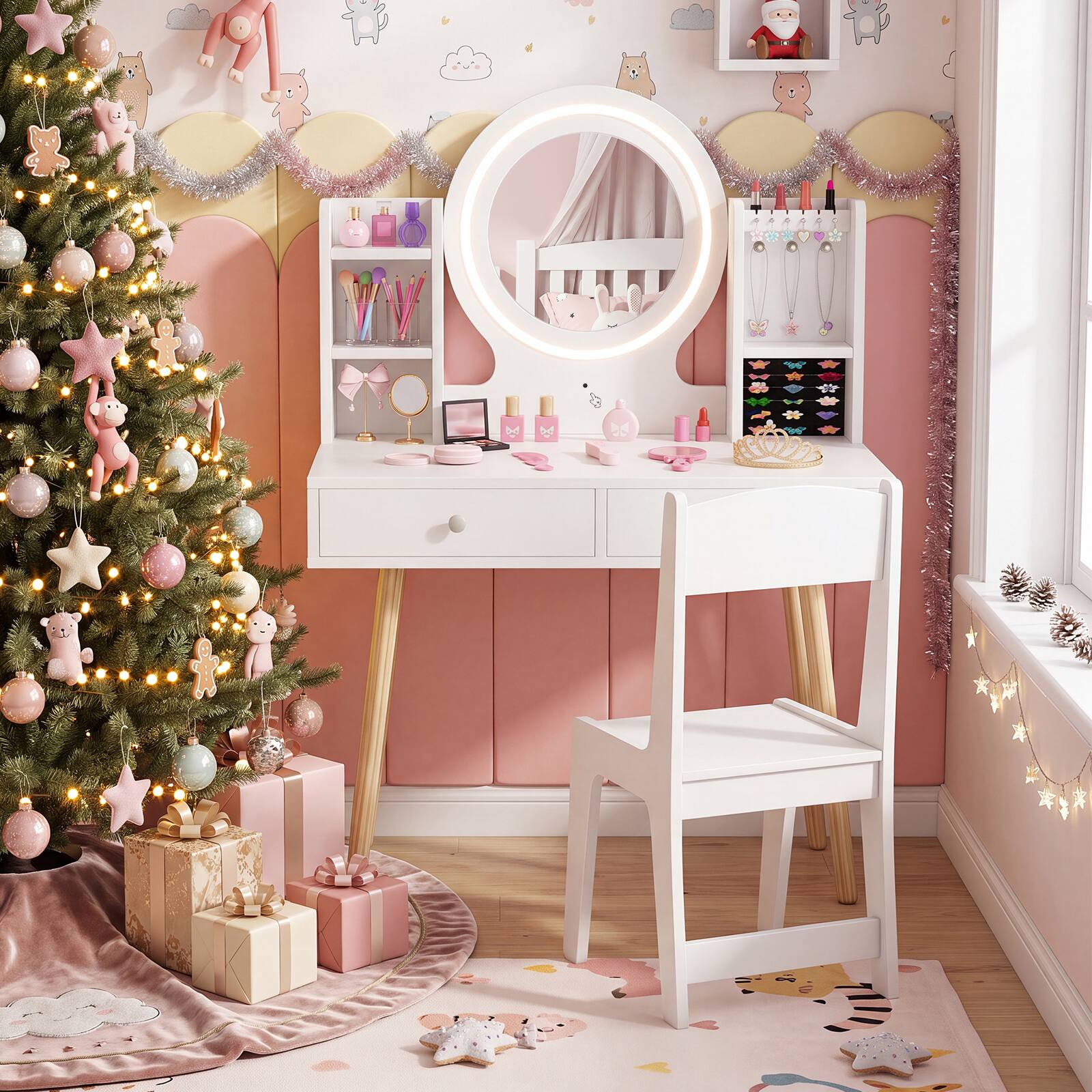 Alt View 4. Costway - Costway Kids Vanity Set Princess Vanity Desk Set with 2-Color LED Lighted Acrylic Mirror - White.