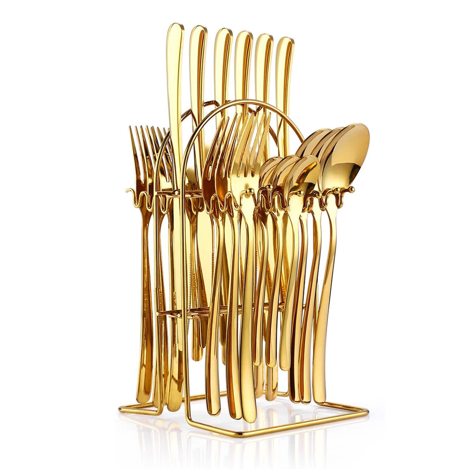 Dazzed Corner - 24 Pieces Flatware Set for 6, Stainless Steel Cutlery Set with Silverware Holder - Gold