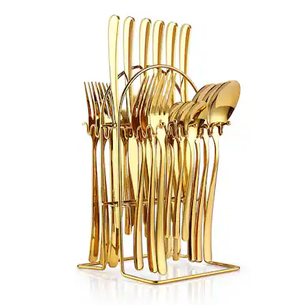 Front. Dazzed Corner - 24 Pieces Flatware Set for 6, Stainless Steel Cutlery Set with Silverware Holder - Gold.