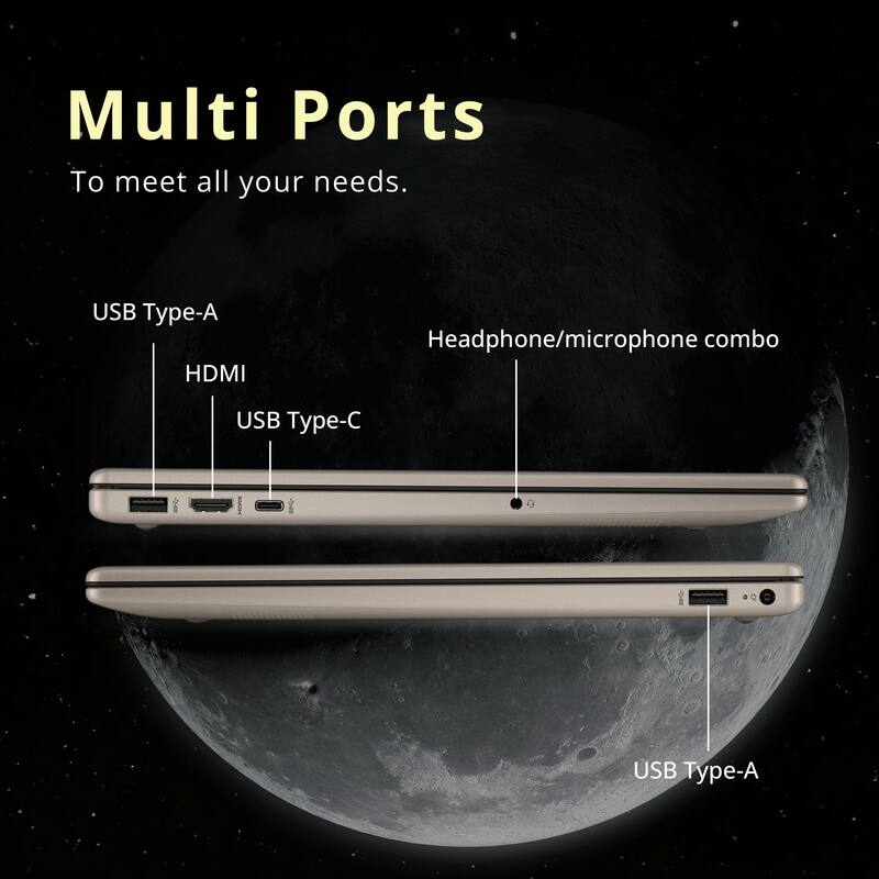 Multi Ports  
To meet all your needs.  

USB Type-A  
HDMI  
USB Type-C  
Headphone/microphone combo  
USB Type-A