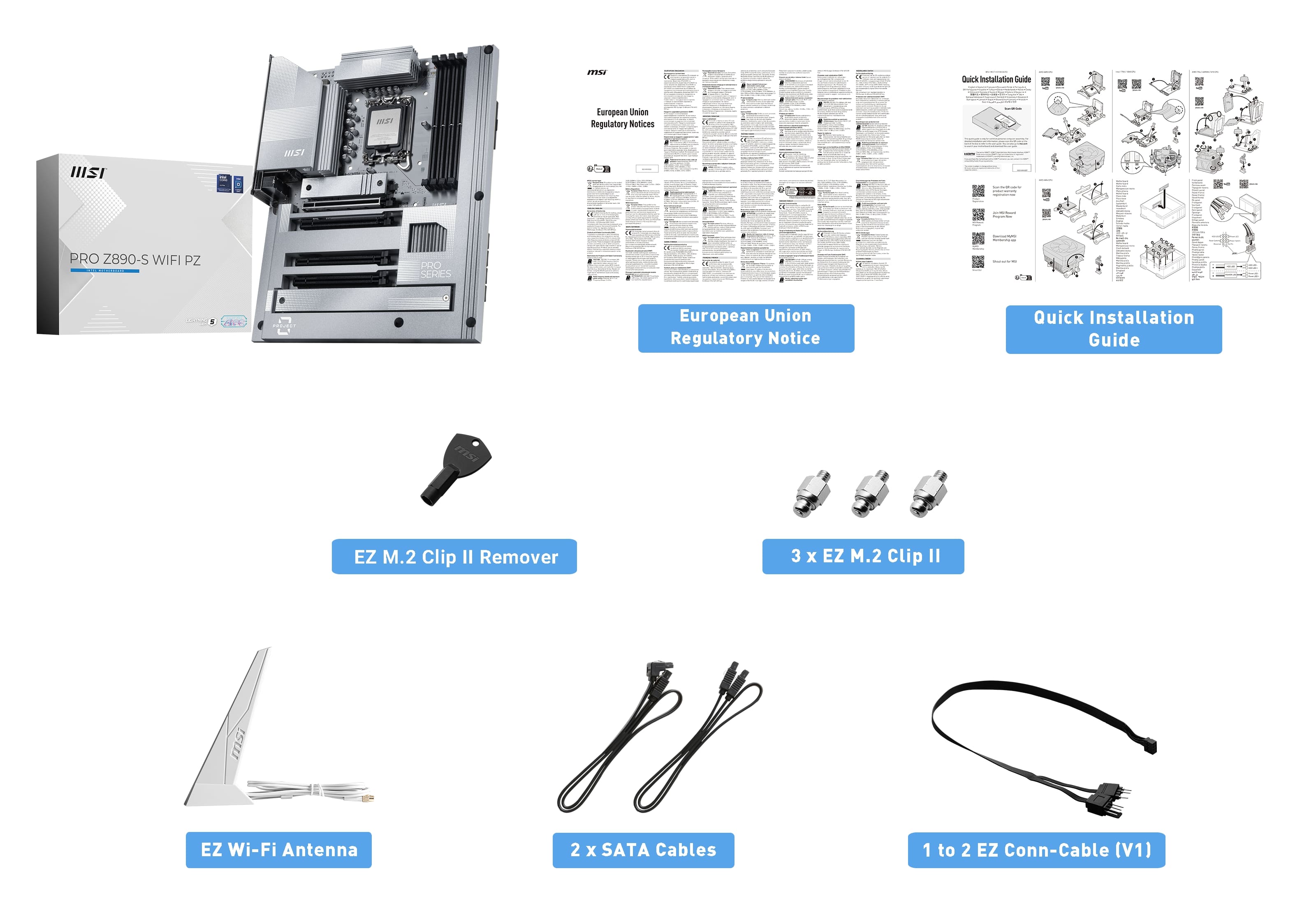 The text on the image is grouped and corrected as follows:

1. Quick Installation Guide
2. EZ M.2 Clip II Remover
3. 3 x EZ M.2 Clip II
4. EZ Wi-Fi Antenna
5. 2 x SATA Cables
6. 1 to 2 EZ Conn-Cable (V1)
7. European Union Regulatory Notice
8. PRO Z890-S WIFI PZ PRO SERES +