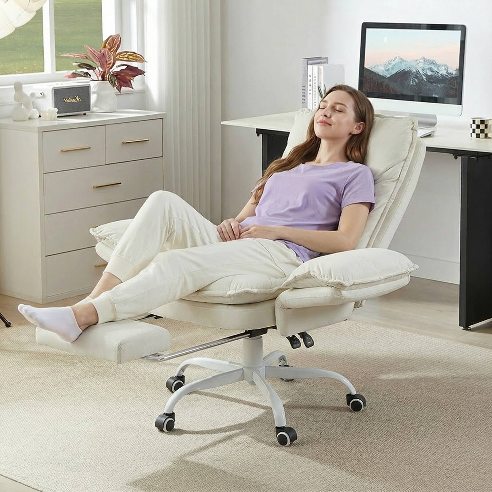 Left. Bestier - Cross Legged Executive Office Chair, Velvet Ergonomic Desk Chair with Flip-Up Arms, Retractable Footrest & Side Pockets - White Suede.