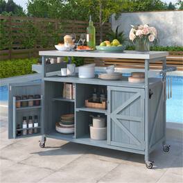 HTUTWOO - Outdoor Kitchen Island Rolling Bar Cart -Wood Grill Table with Stainless Steel Top,Storage Cabinet,Spice Rack,Towel Rack - Grey Blue