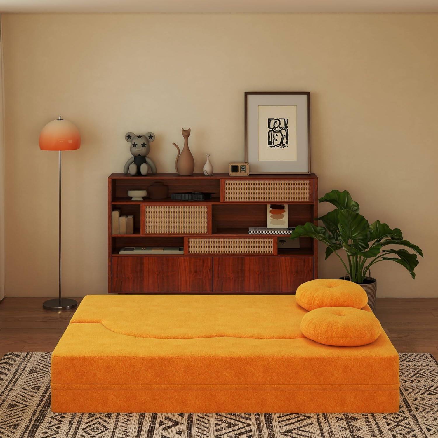 Alt View 4. Trinkets Crazed - 2-in-1 Folding Sofa Bed, Convertible Floor Couch with Full Size Folding Mattres - yellow.