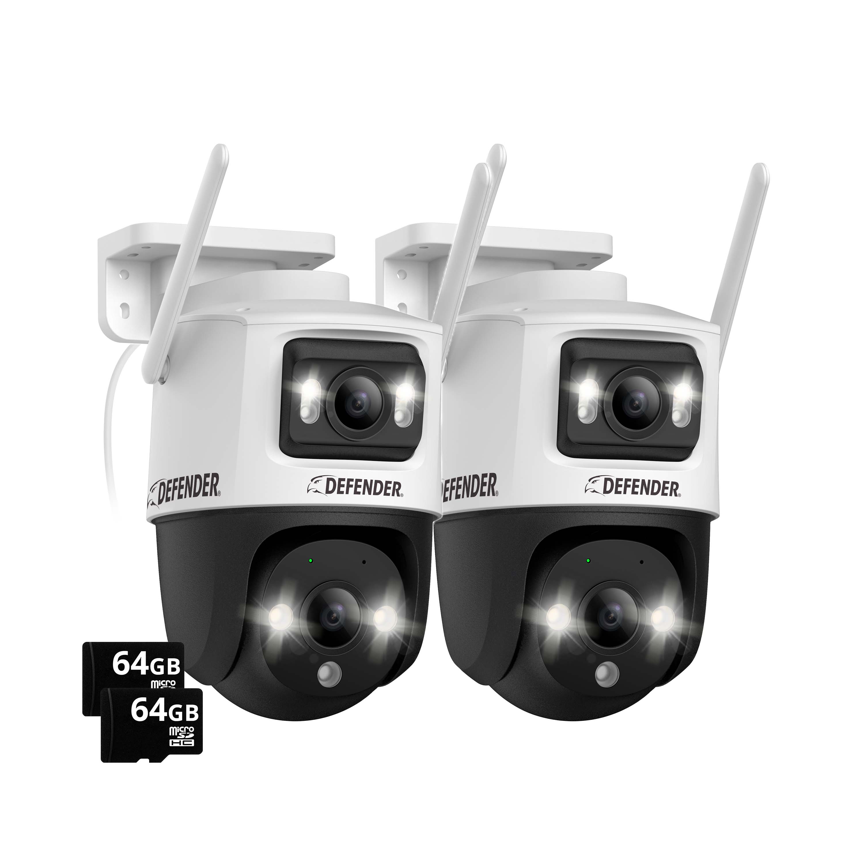 Defender - AI POWERED Guard Pro 3K PLUS Dual Lens PTZ Wi-Fi 6 Plug-in Security Camera with 64 GB SD Card - 2 Pack - White