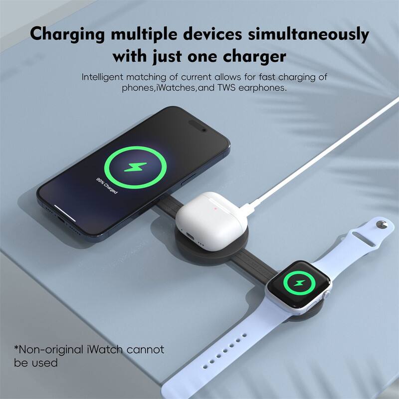 Charging multiple devices simultaneously with just one charger

Intelligent matching of current allows for fast charging of phones, iWatches, and TWS earphones.

*Non-original iWatch cannot be used
