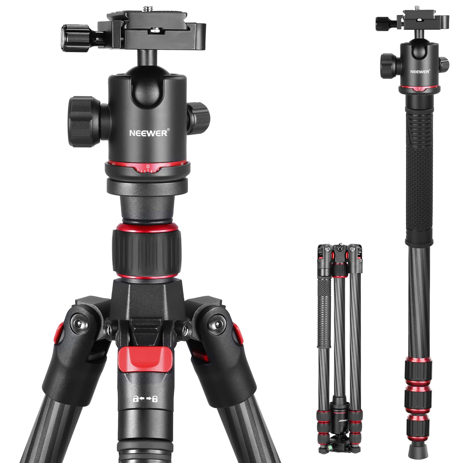 Neewer - 66" Carbon Fiber Tripod & Monopod, 360° Ball Head with QR Plate, 26.5lb Load, Compact for Travel (N55C)