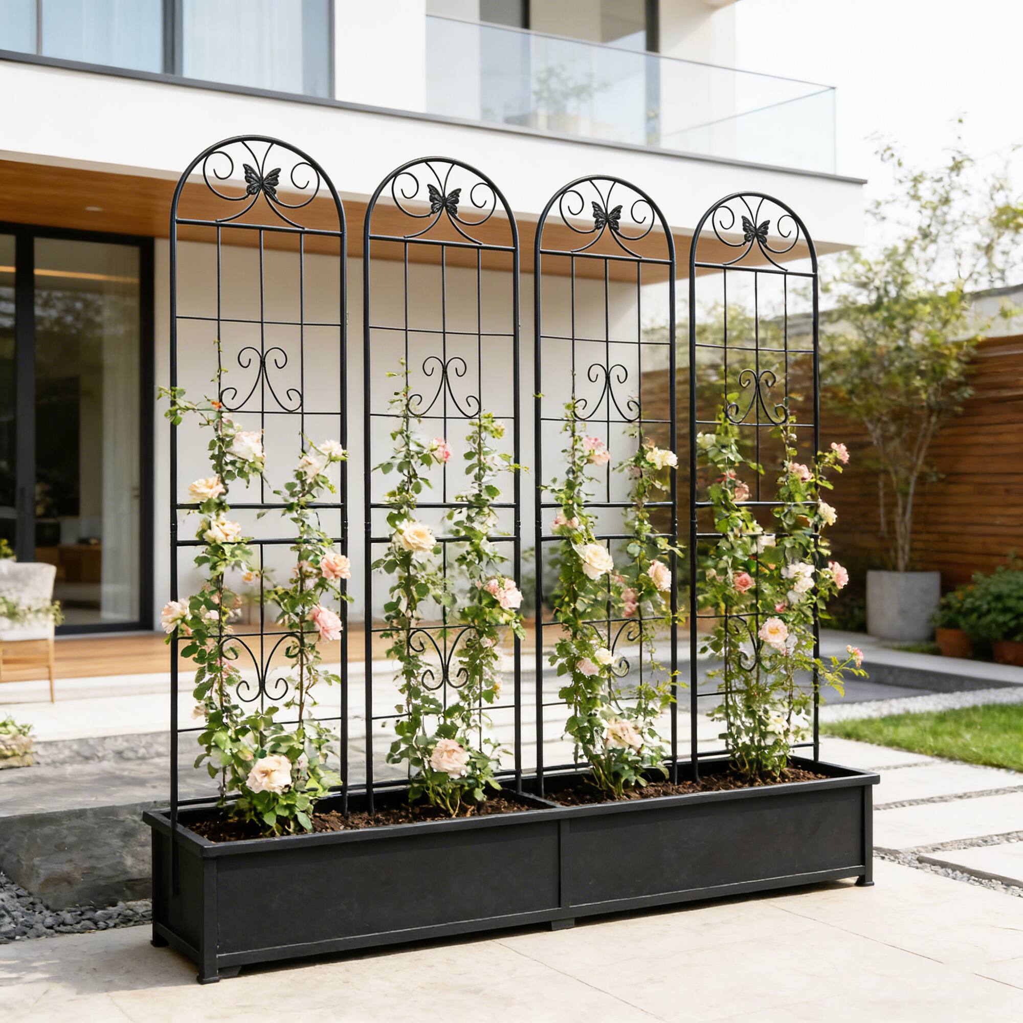 Alt View 2. Loheer - Rustproof Metal Garden Trellis 4 Pack, 7.23 ft x 1.64 ft Plant Support for Outdoor Climbing Plants.