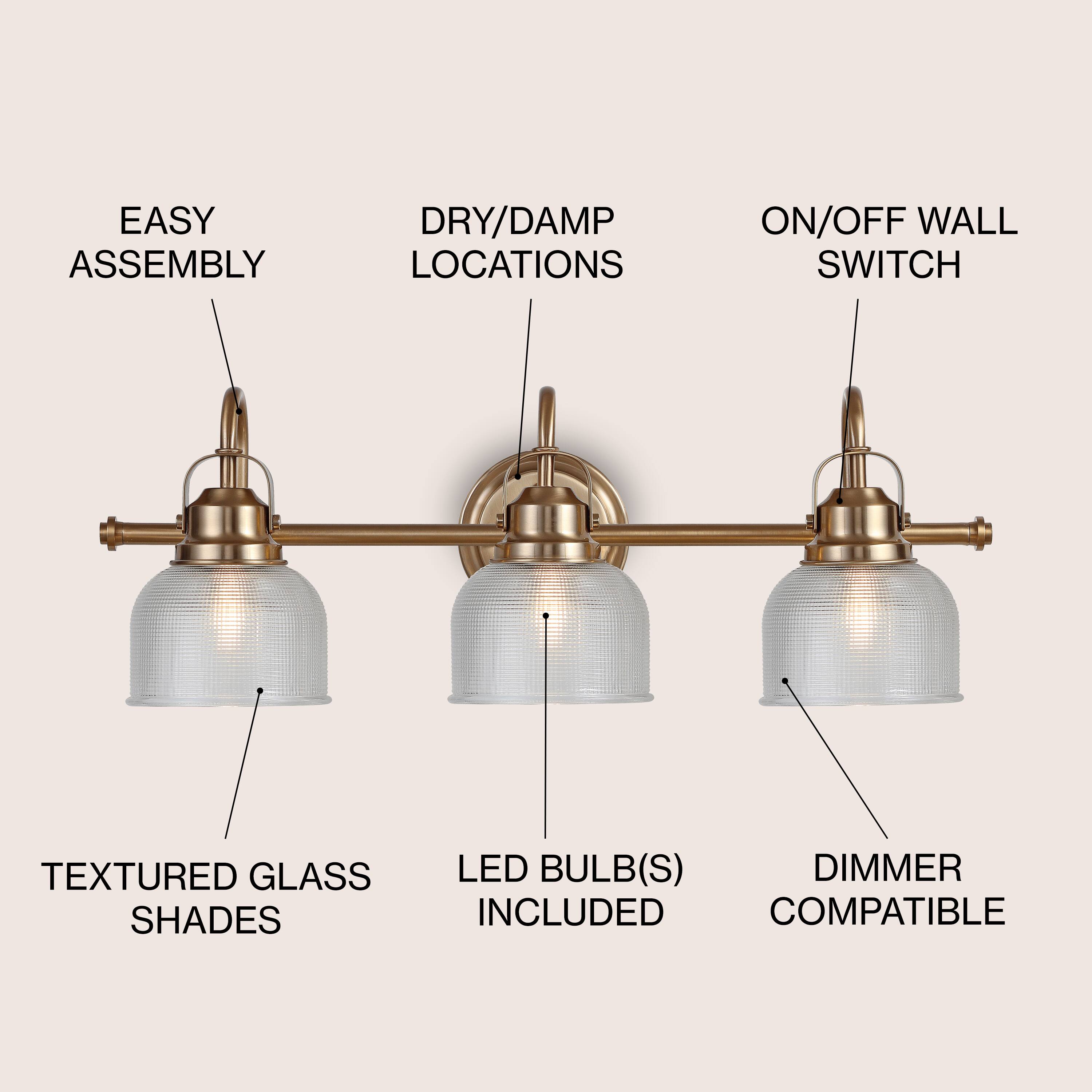 EASY ASSEMBLY  
DRY/DAMP LOCATIONS  
ON/OFF WALL SWITCH  
TEXTURED GLASS SHADES  
LED BULB(S) INCLUDED  
DIMMER COMPATIBLE