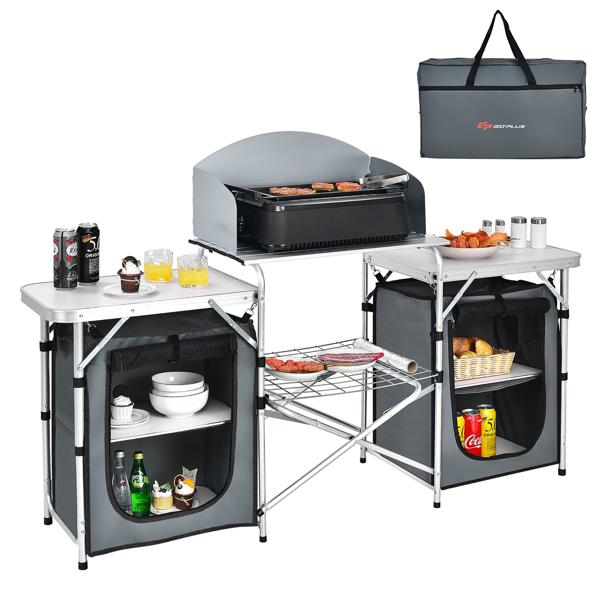 Costway - Folding Portable Aluminum Camping Grill Table w/ Storage Organizer Windscreen Grey - Gray