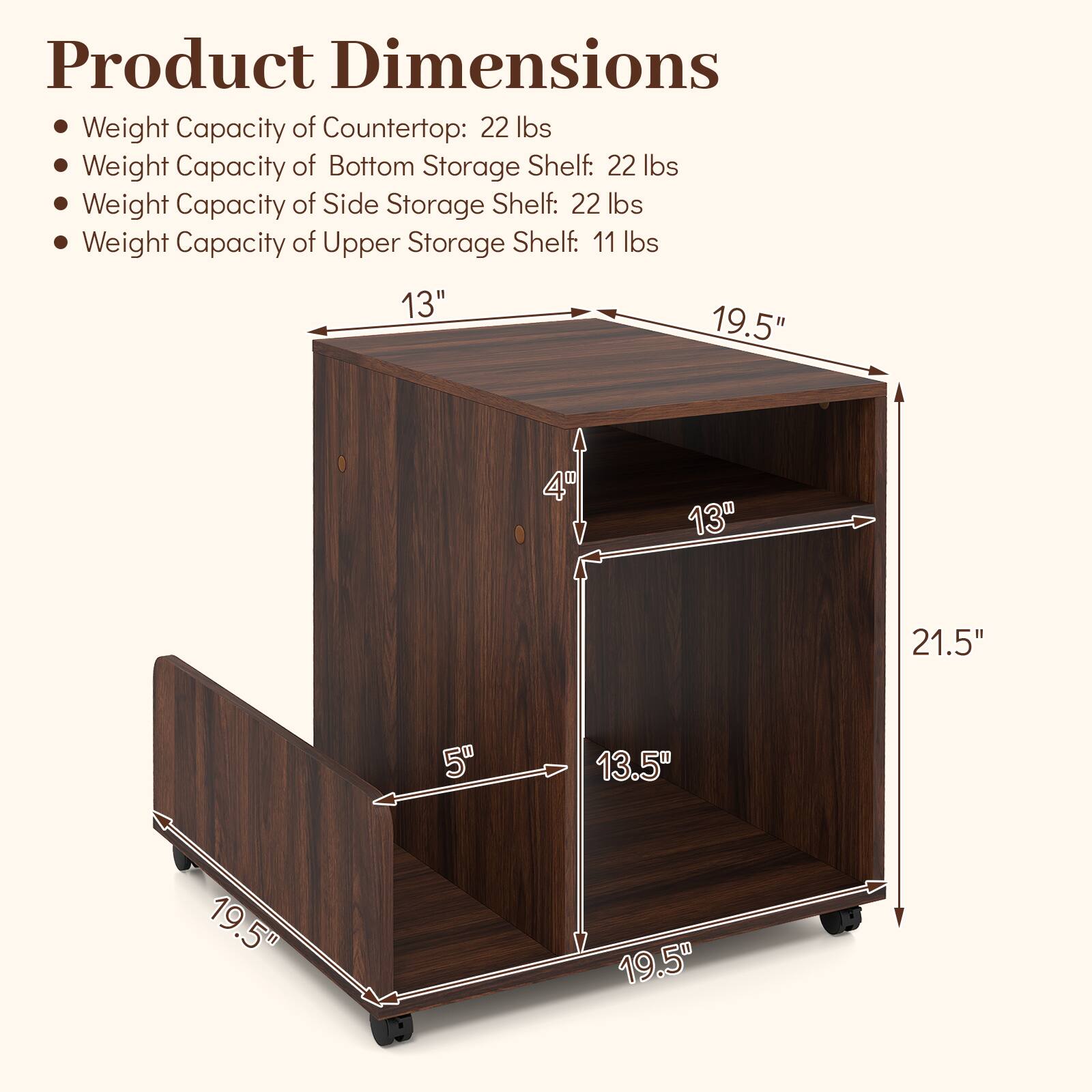 Product Dimensions

- Weight Capacity of Countertop: 22 lbs
- Weight Capacity of Bottom Storage Shelf: 22 lbs
- Weight Capacity of Side Storage Shelf: 22 lbs
- Weight Capacity of Upper Storage Shelf: 11 lbs

Dimensions:
- 13" x 19.5" x 4"
- 13" x 21.5" x 5"
- 13.5" x 19.5" x 19.5"