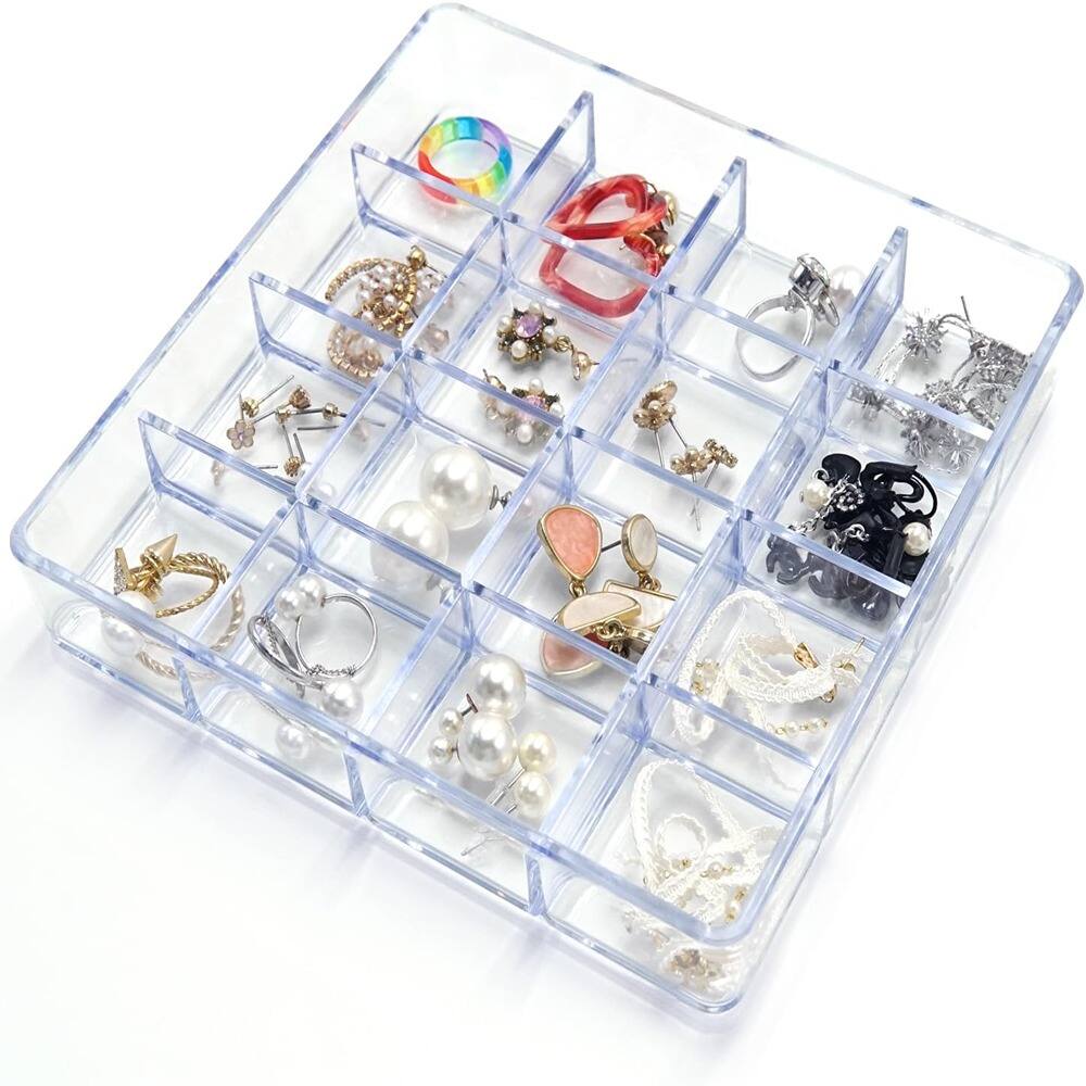 Front. RTMB - Clear Plastic Jewelry Organizer Tray, 16-Grid, Stackable Design.
