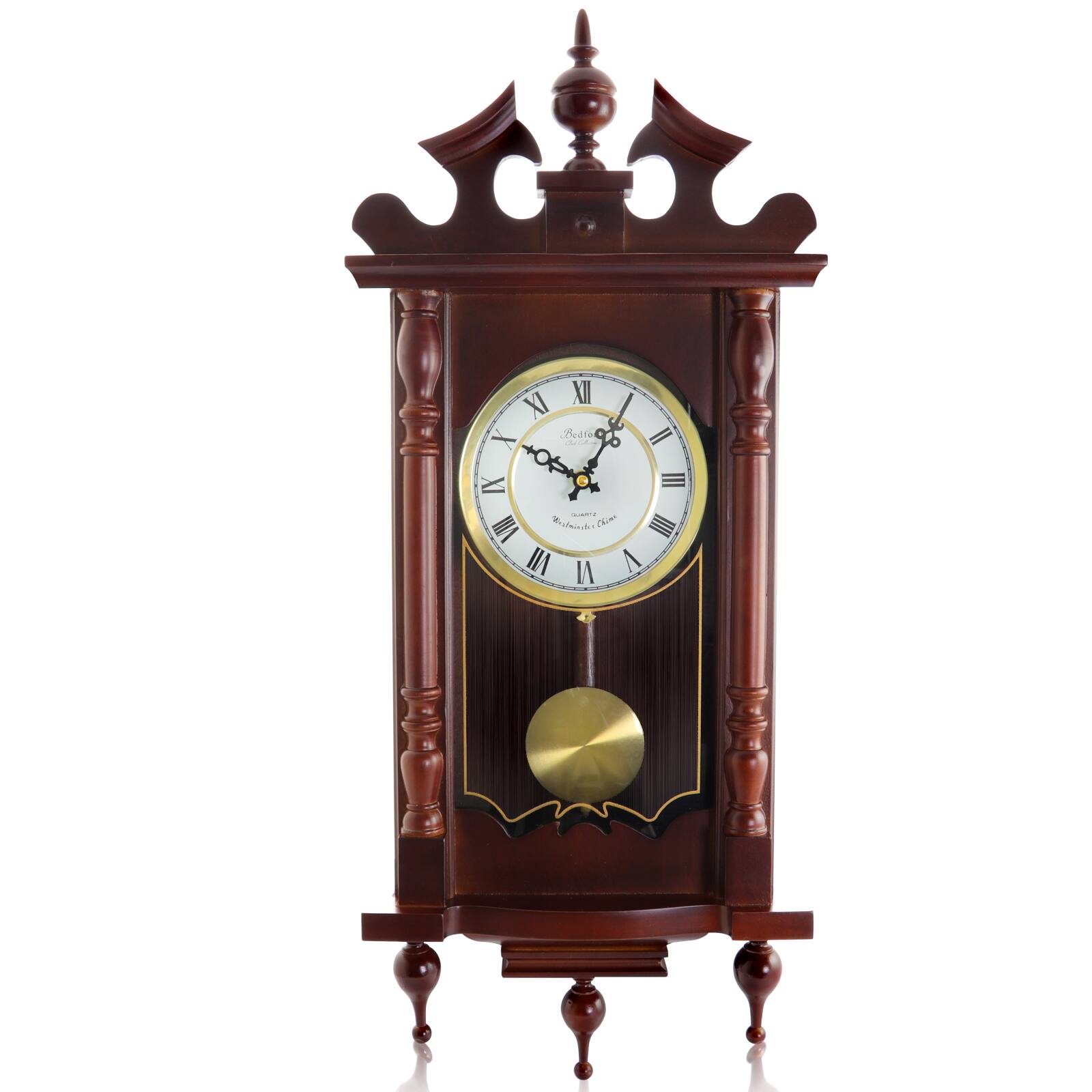 Bedford Clock Collection - Classic 31 Inch Chiming Pendulum Wall Clock in Cherry Oak Finish - Brown