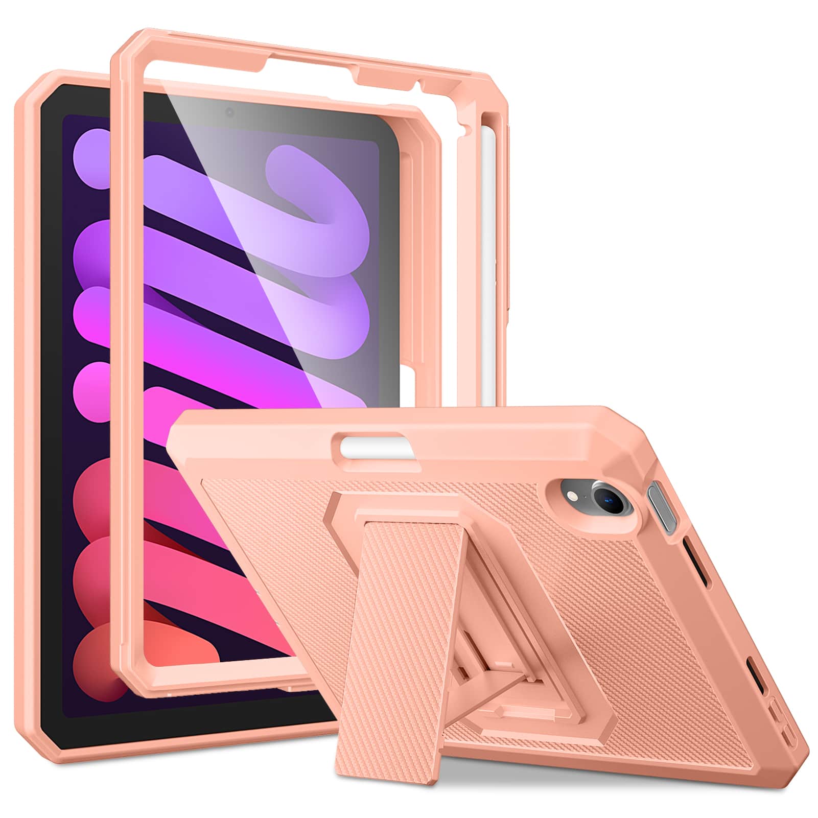 DTTO - Shockproof Case for iPad mini 7 (A17 Pro) 2024 / iPad mini 6 2021 8.3 Inch, Built-in Screen Protector and Pencil Holder - Pink
