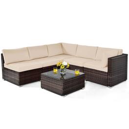 Gymax - Set of 6 Rattan Furniture Set Patio Cushioned Sofa Coffee Table Brown - Mix Brown,Brown