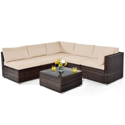 Front. Gymax - Gymax Set of 6 Rattan Furniture Set Patio Cushioned Sofa Coffee Table Brown - Mix Brown,Brown.