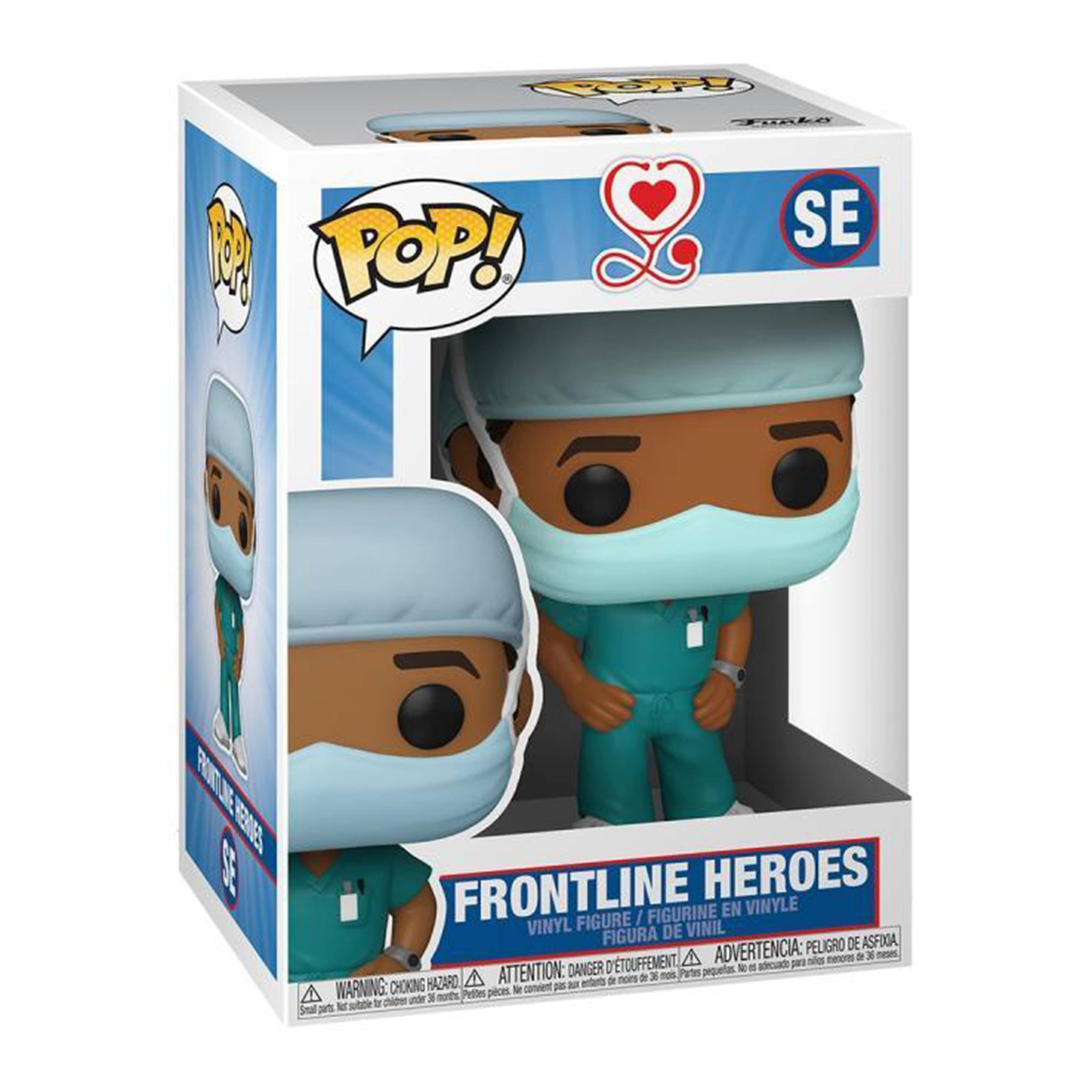 Sure, here is the corrected and grouped text from the image:

---

**Frontline Heroes**

**Vinyl Figure / Figurine en Vinyle / Figura de Vinil / Figura de Vinil**

**Pop!**

**SE**

**Warning: Choking Hazard - Small parts. Not for children under 3 years.**

**Attention: Danger d'étouffement - Petite pièce. Ne convient pas aux enfants de moins de 3 ans.**

**Advertencia: Peligro de asfixia - Piezas pequeñas. No es adecuado para niños menores de 3 años.**

---

This text is organized to reflect the information on the packaging, including the product name, type, brand, and safety warnings.