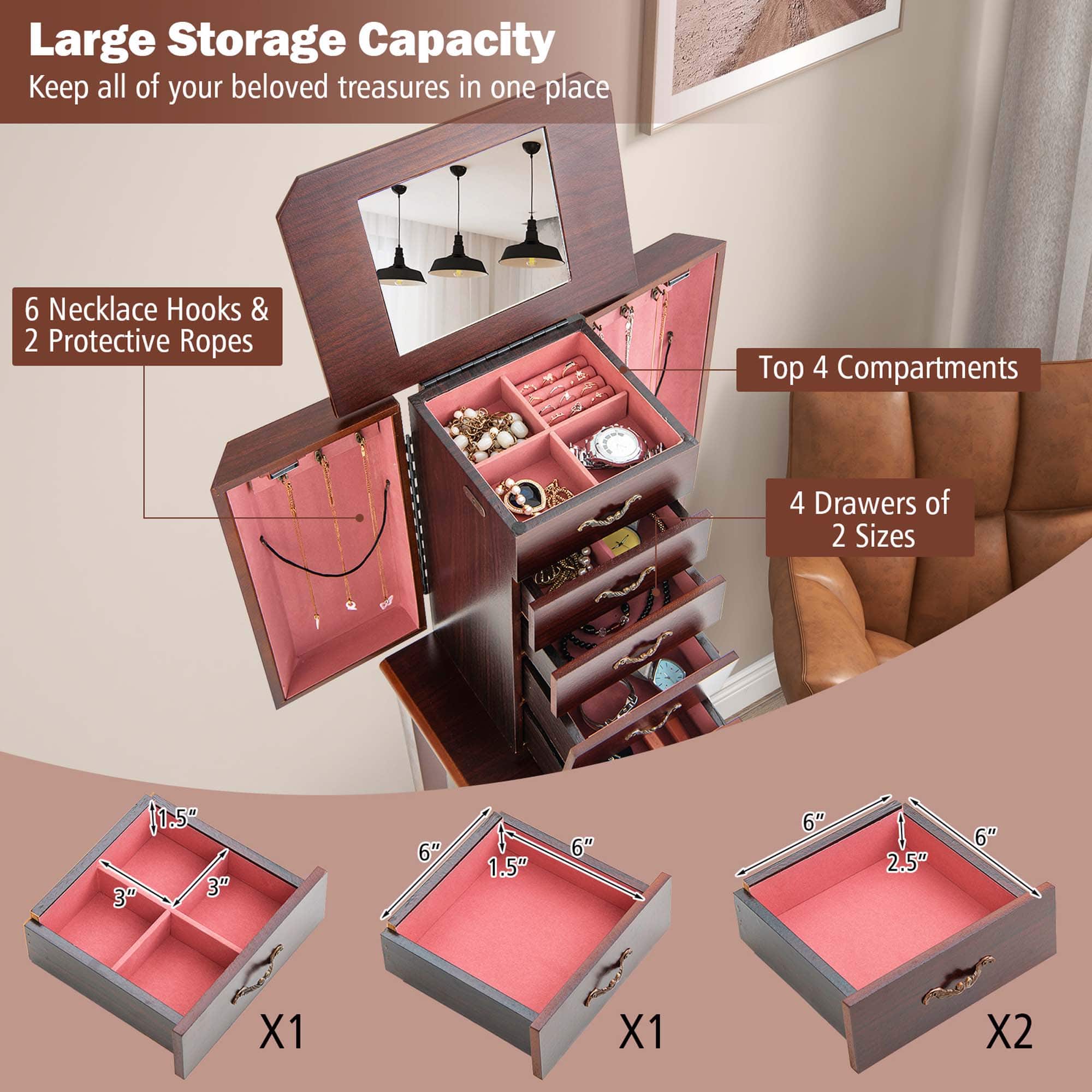 Large Storage Capacity: Keep all of your beloved treasures in one place.
Features:
* 6 Necklace Hooks & 2 Protective Ropes
* Top 4 Compartments
* 4 Drawers of 2 Sizes (11.5" 3", 3" 3", 6" 1.5", 6" 6", 6" 6", 2.5" 6", 6" 6")
The image showcases a storage unit with various compartments and drawers, suitable for storing and organizing jewelry and other small items. The storage unit is designed to keep all of your beloved treasures in one place, making it a practical and stylish addition to your home.