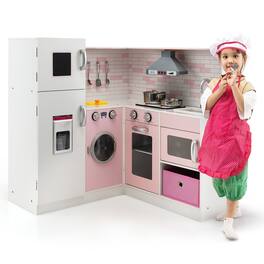 Costway - Kids Corner Kitchen Play Set w/ Lifelike Sound & Sparkling Light Gift for Age 3+ - White,Pink