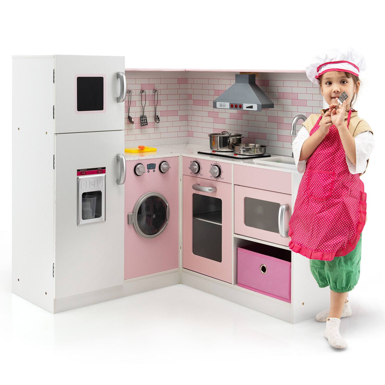 Costway - Kids Corner Kitchen Play Set w/ Lifelike Sound & Sparkling Light Gift for Age 3+ - White,Pink