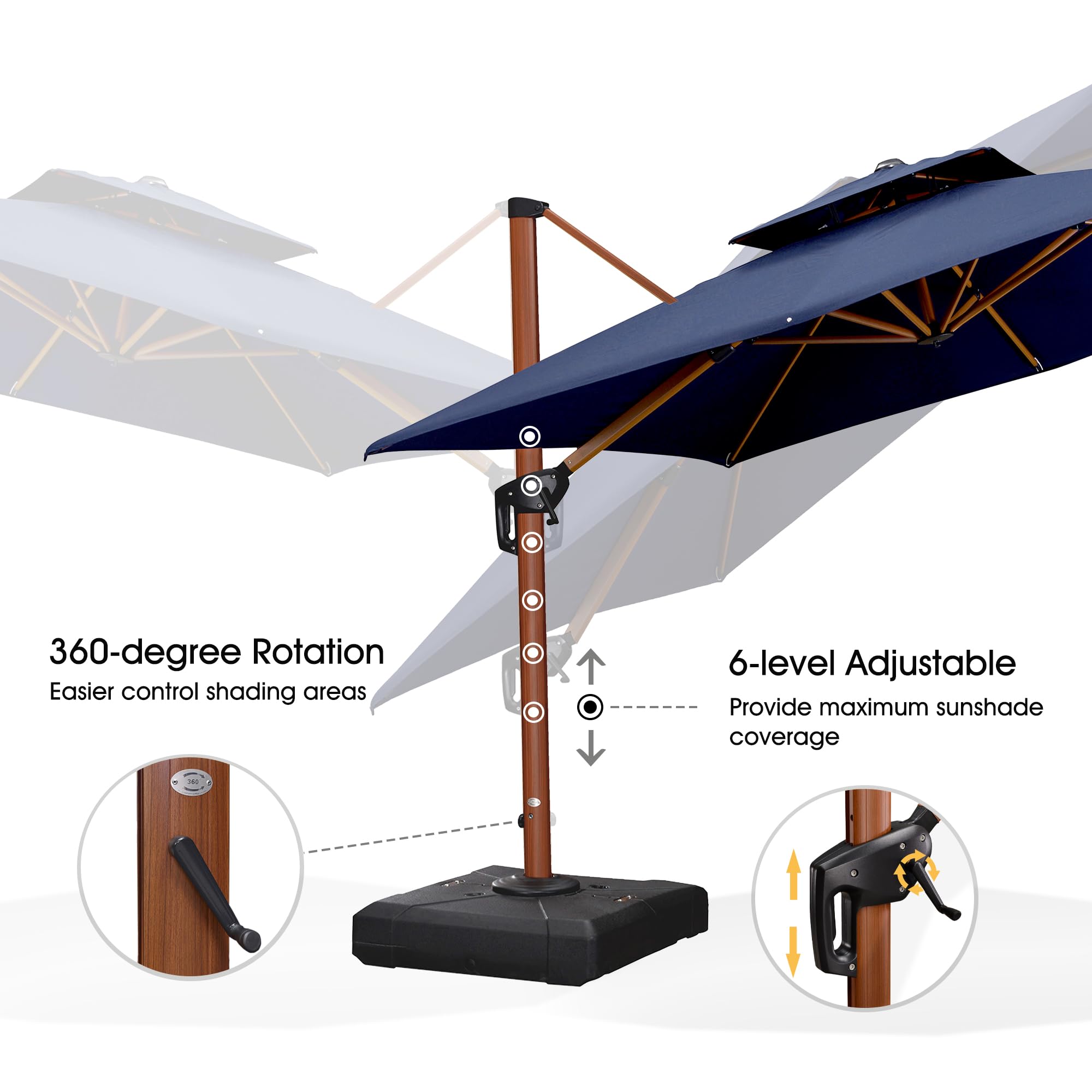 360-degree Rotation  
Easier control shading areas  

6-level Adjustable  
Provide maximum sunshade coverage