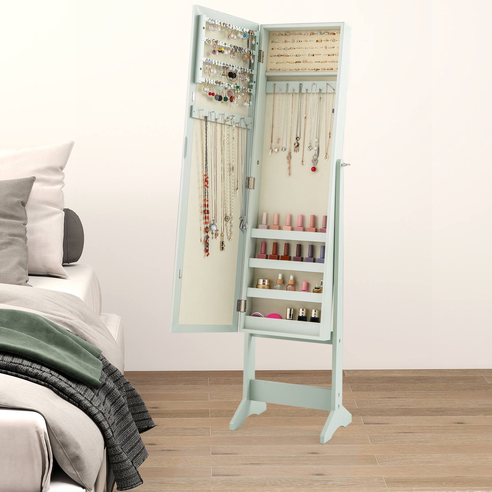 Alt View 1. Gymax - Gymax Mirrored Jewelry Armoire Standing Jewelry Cabinet w/ Full-Length Mirror Inner Makeup Mirror - Green.