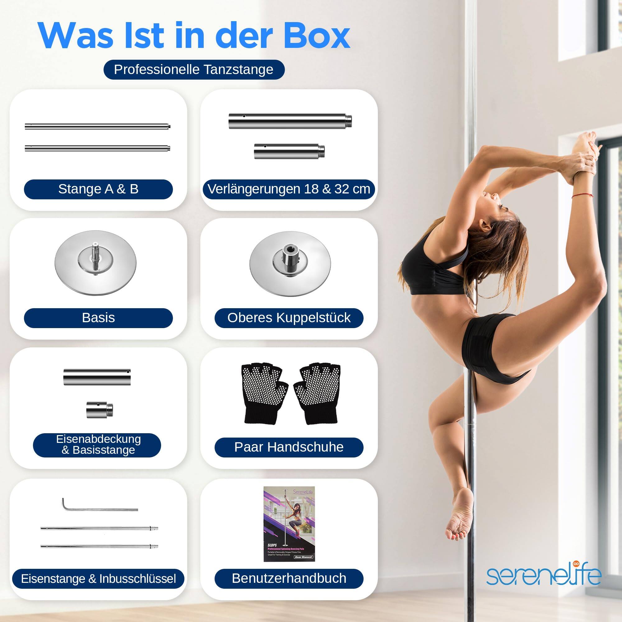 Was Ist in der Box  
Professionelle Tanzstange  

- Stange A & B  
- Verlängerungen 18 & 32 cm  
- Basis  
- Oberes Kuppelstück  
- Eisenabdeckung & Basisstange  
- Paar Handschuhe  
- Eisenstange & Inbusschlüssel  
- Benutzerhandbuch