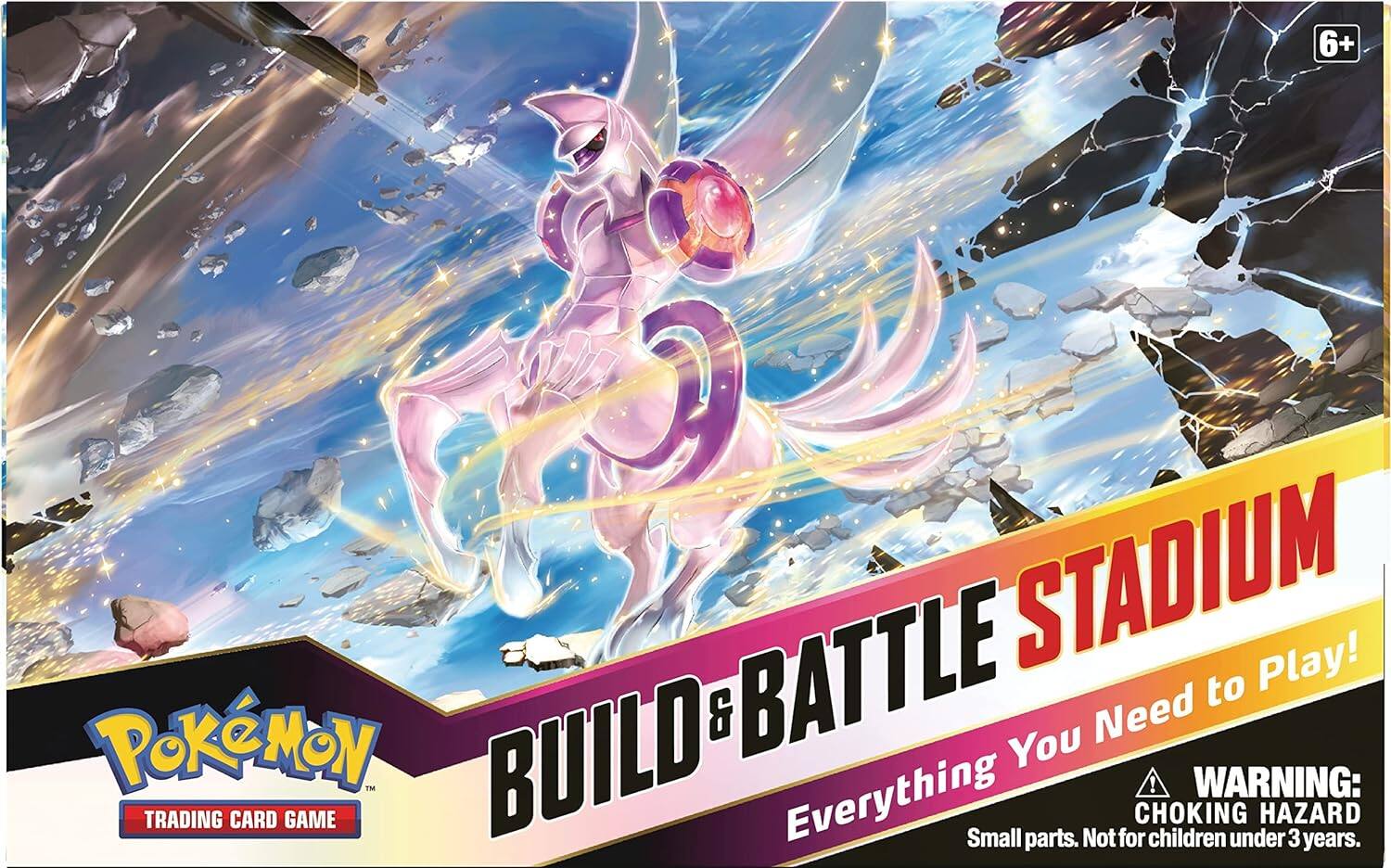 6+ BATTLE STADIUM  
Play!  
Everything You Need to Play!  
POKÉMON TRADING CARD GAME™  
BUILD & BATTLE STADIUM  

WARNING:  
CHOKING HAZARD  
Small parts. Not for children under 3 years.