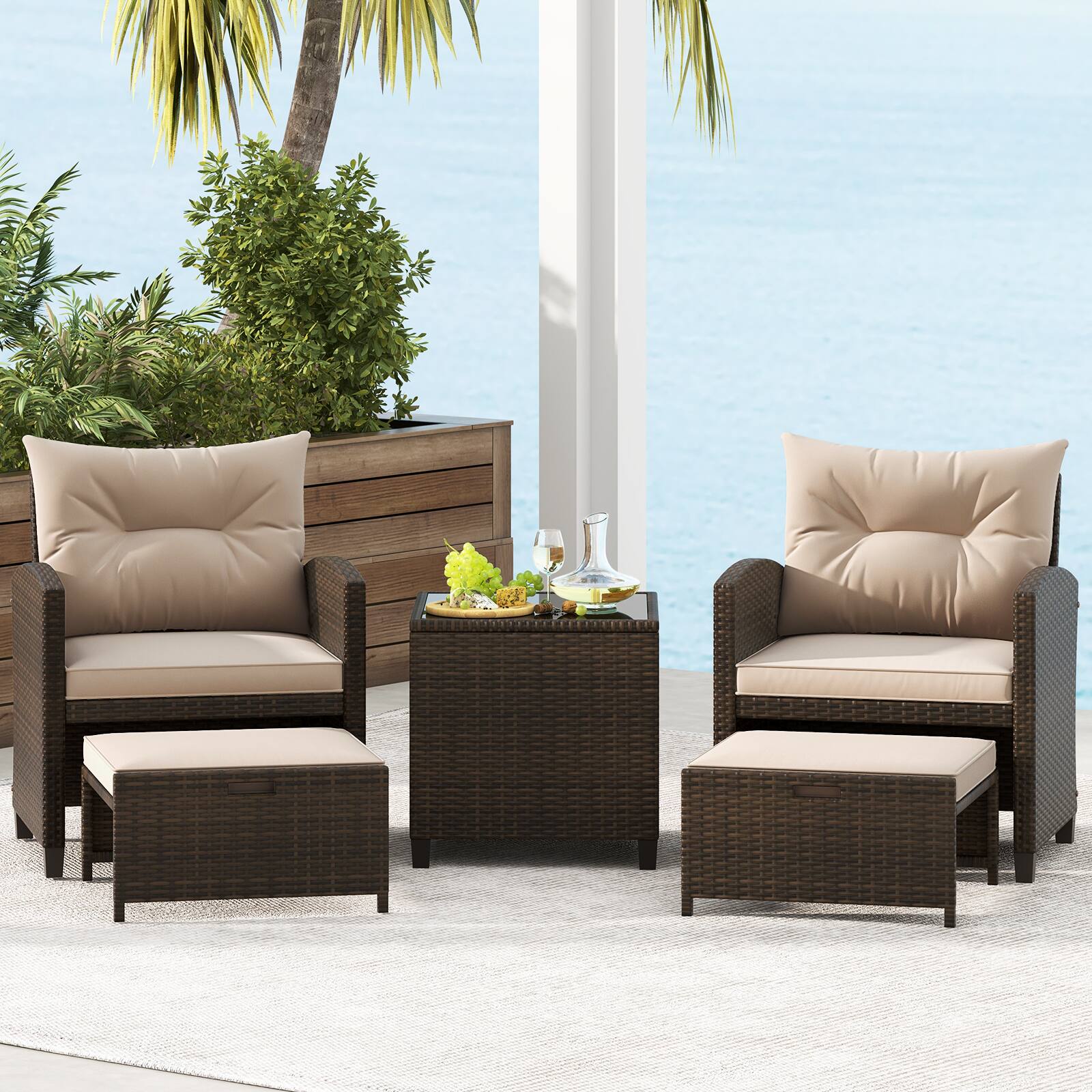 Alt View 4. Costway - Costway 5 PCS Patio Rattan Furniture with 2 Wicker Ottomans & Tempered Glass Coffee Table - Mix Brown + Beige.