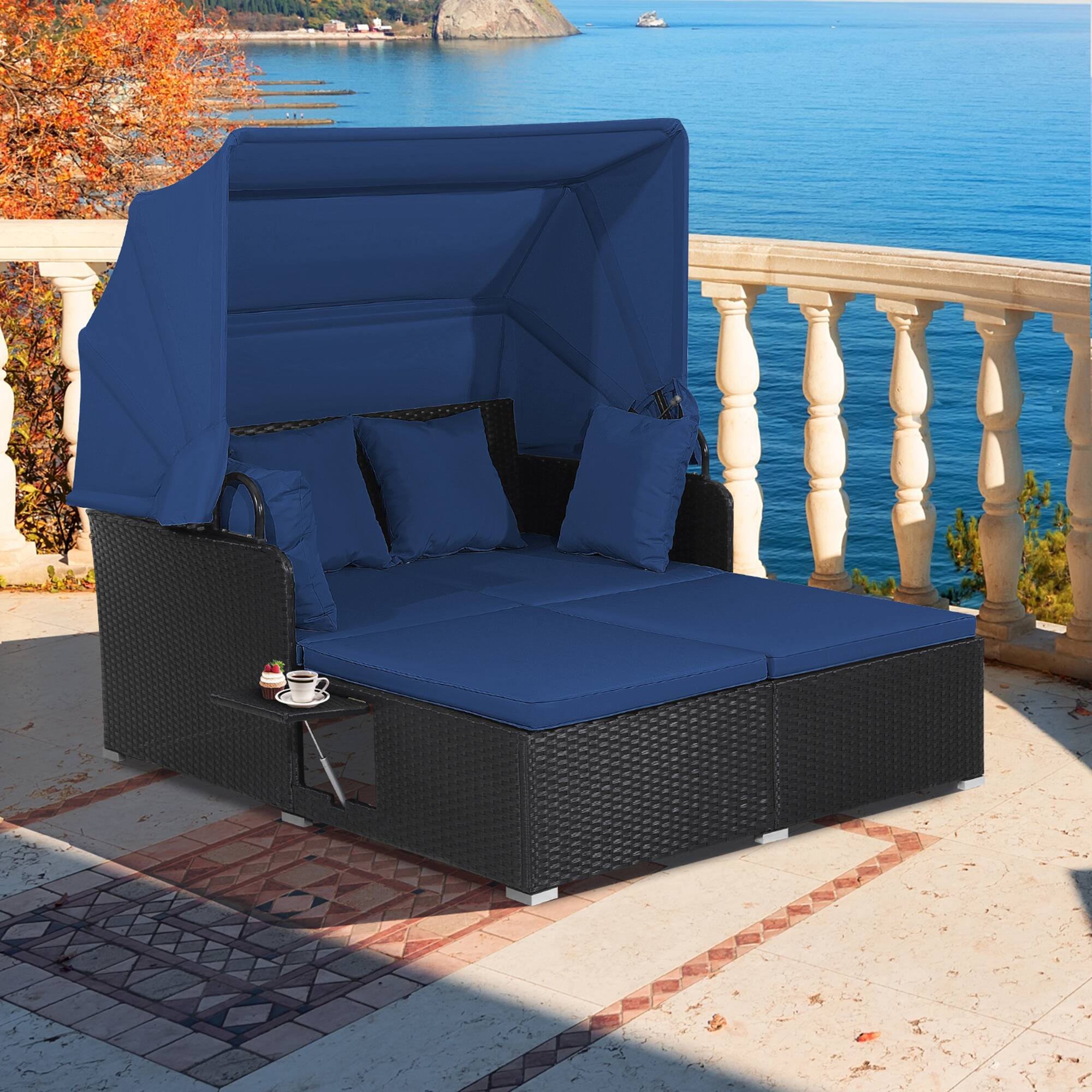Alt View 8. Gymax - Gymax Patio Hand-Woven PE Wicker Daybed Outdoor Loveseat Sofa Set w/ Navy Cushions - Black, Navy.