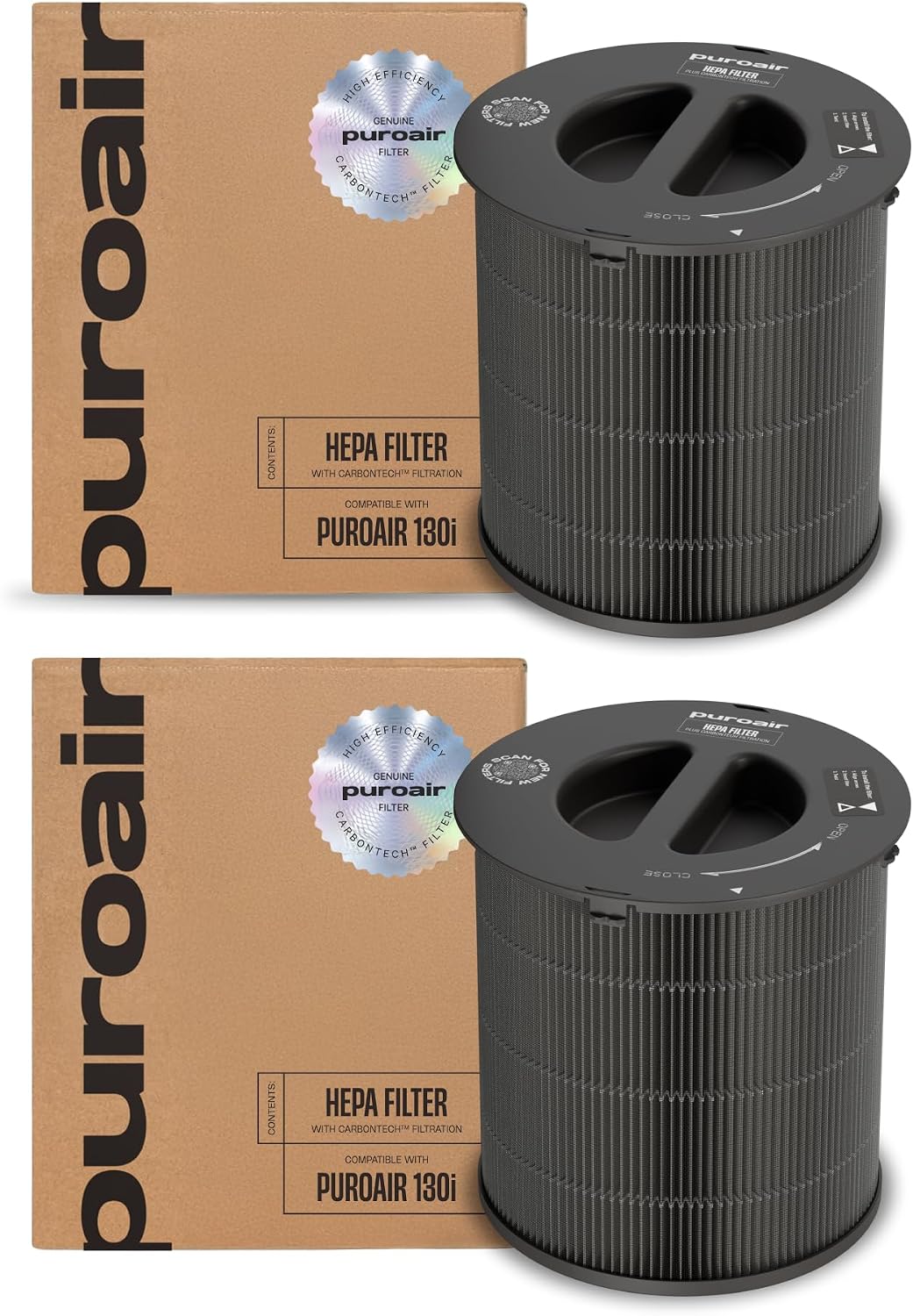PuroAir - 130i HEPA Filter 2-Pack with CarbonTech 3-Layer Defense – Filters 99.9% Pollen, Dust, Dander, Smoke & Odors - Black